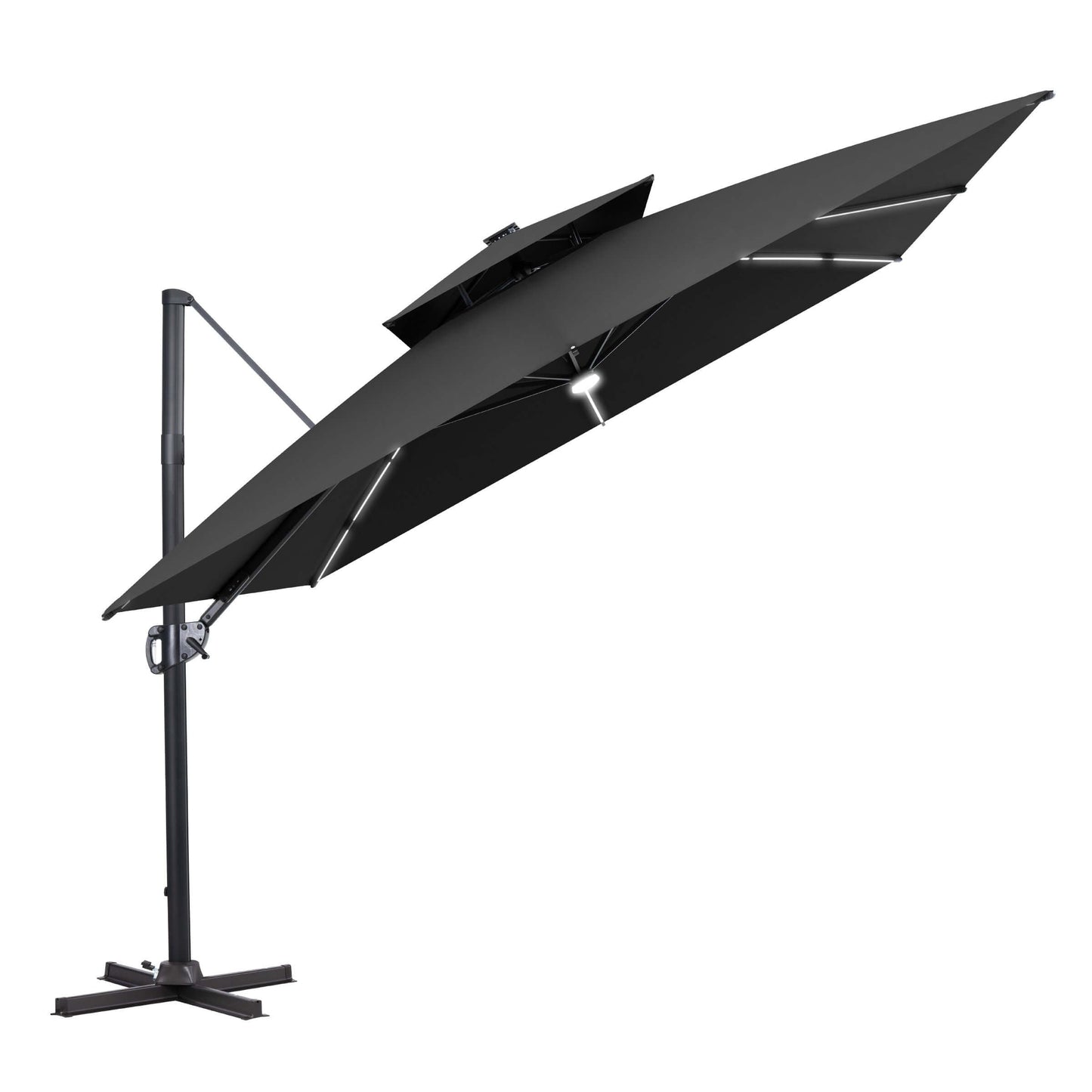 Tilted black LED cantilever umbrella on a cross base.
