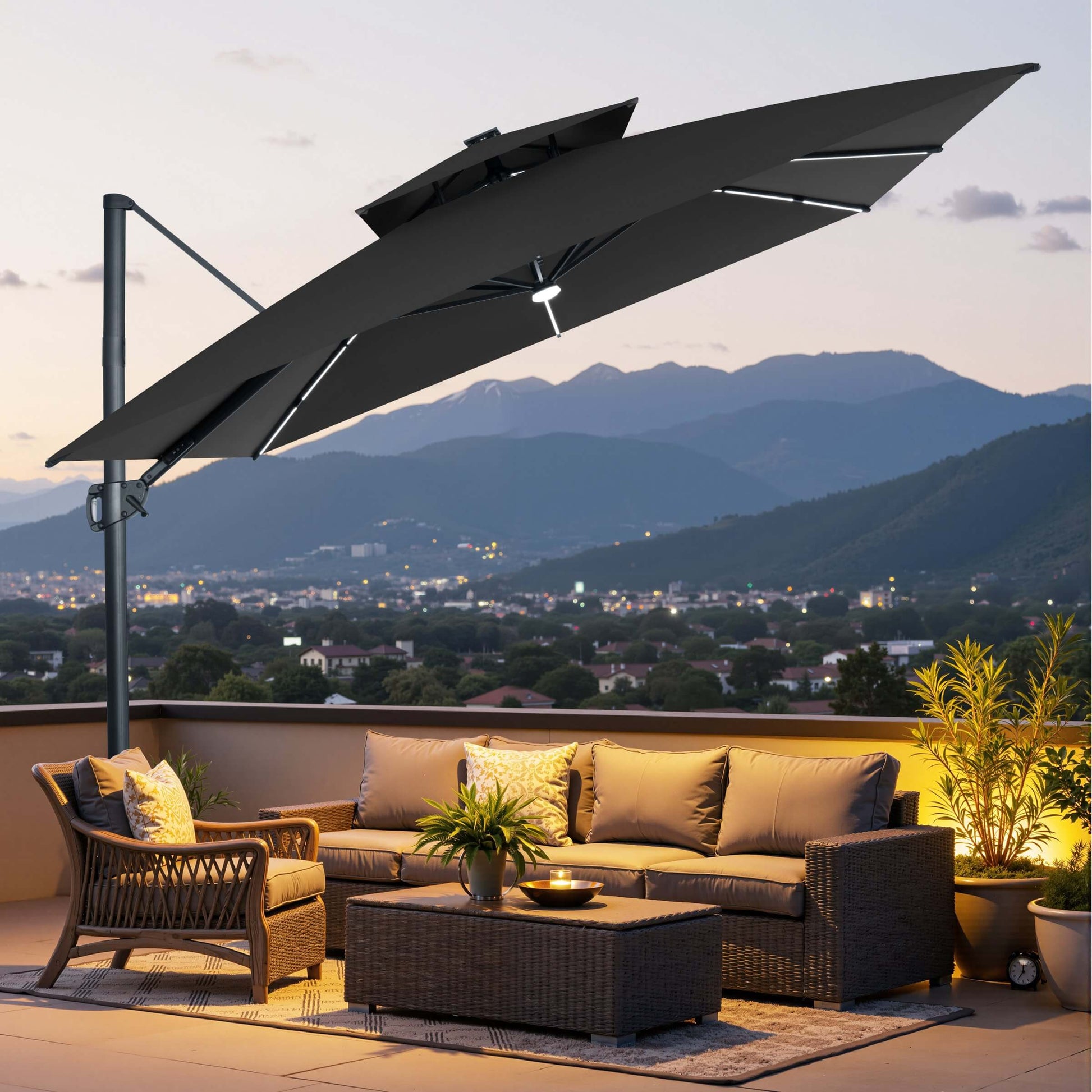 Tilted black LED cantilever umbrella over a patio sofa set at dusk.