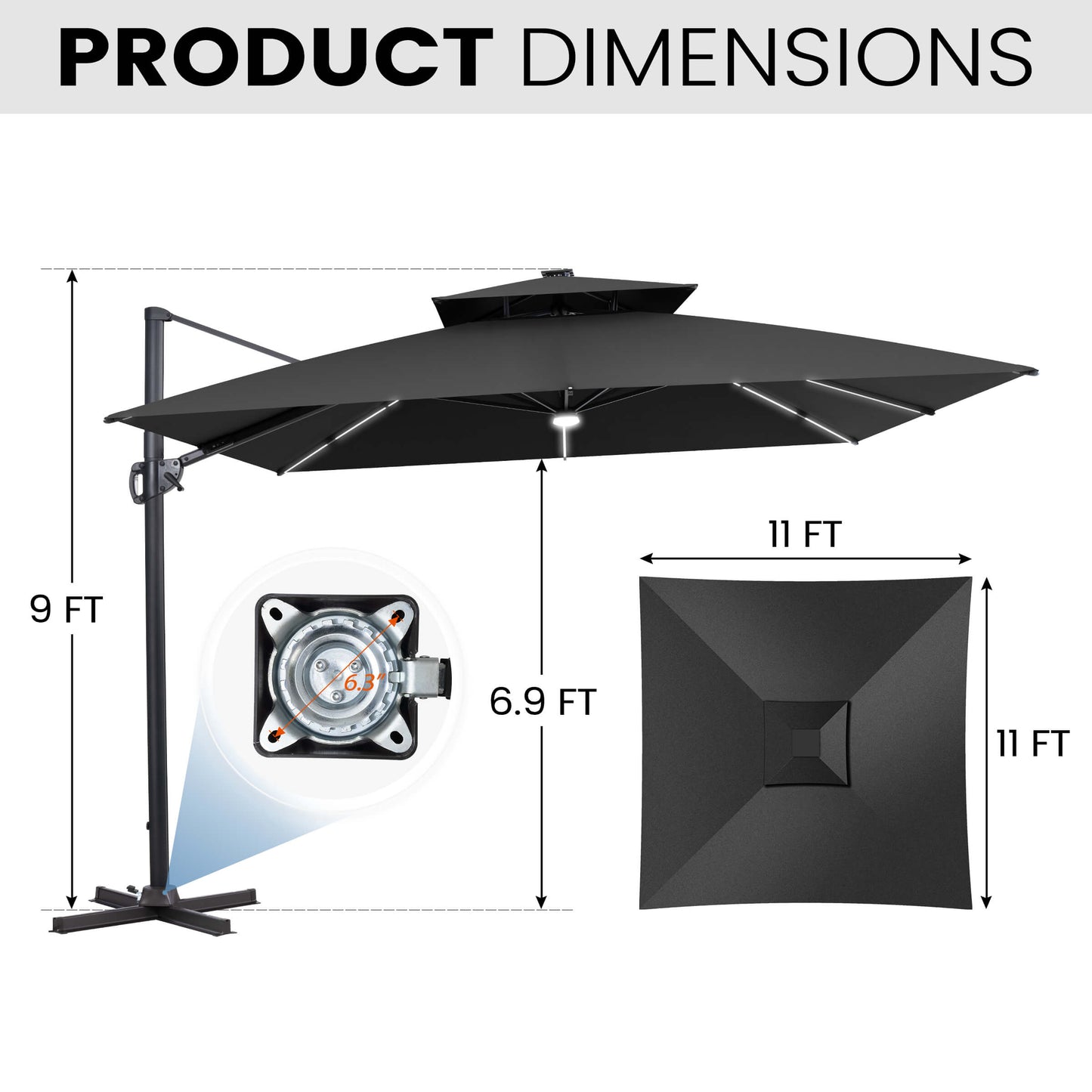 Dimensions of 11x11 FT black LED cantilever umbrella and cross base.