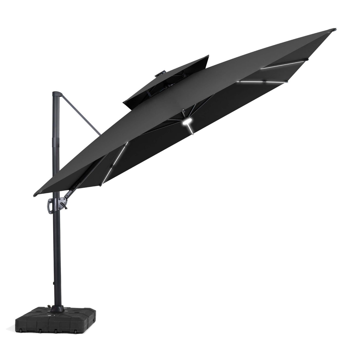 Black LED cantilever umbrella with mobile wheeled base.