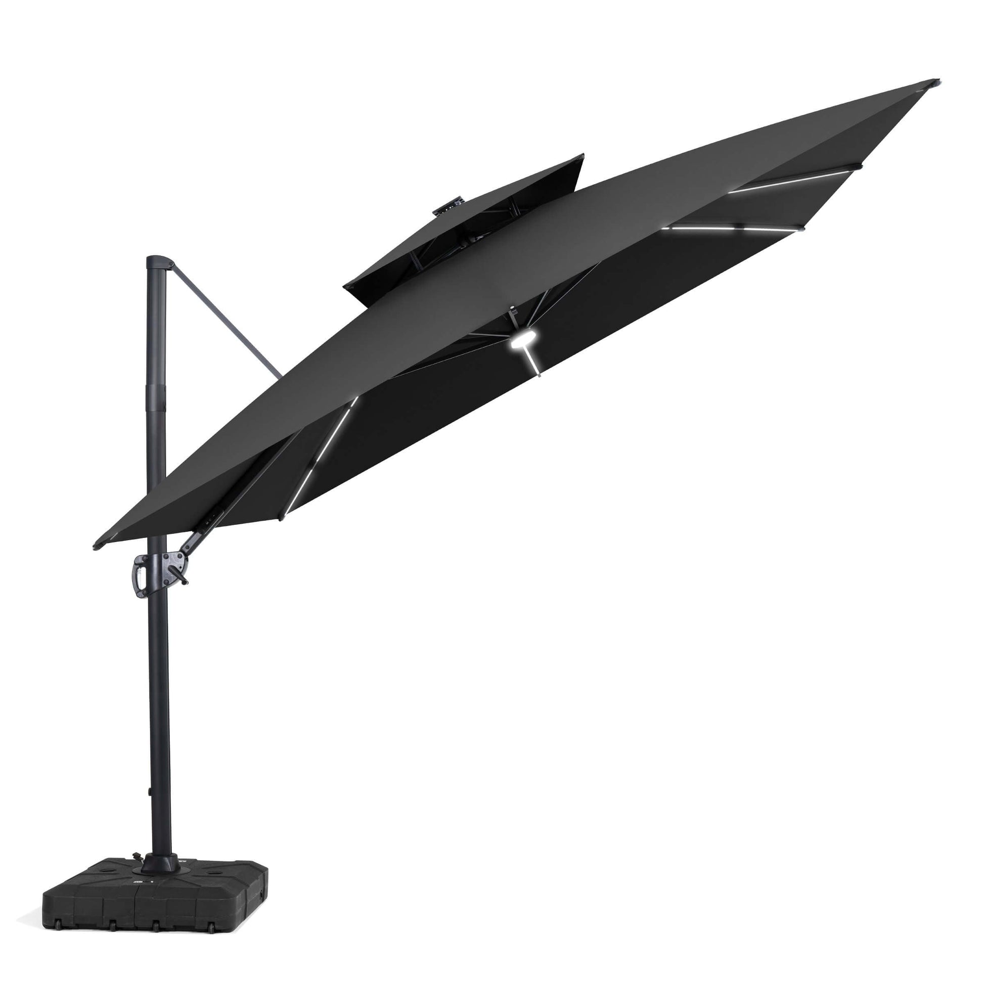 Black LED cantilever umbrella with mobile wheeled base.