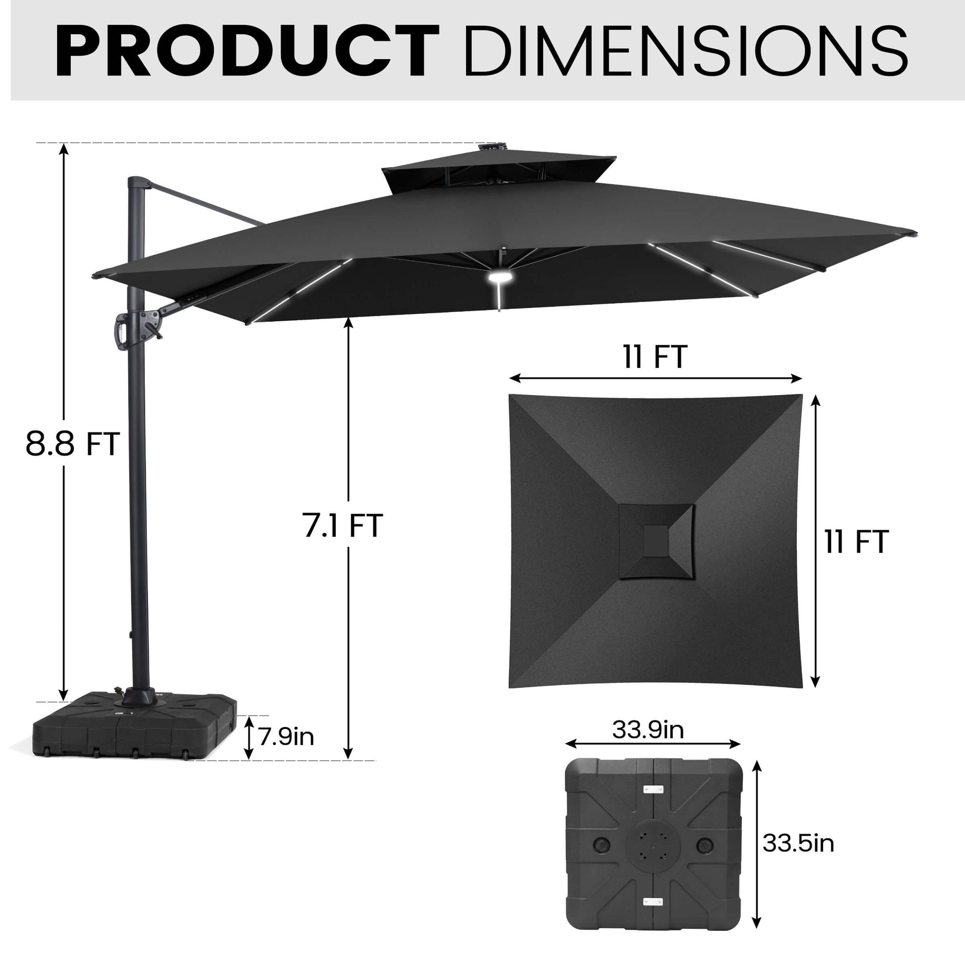 Dimensions of 11x11 FT black LED cantilever umbrella and wheeled base.