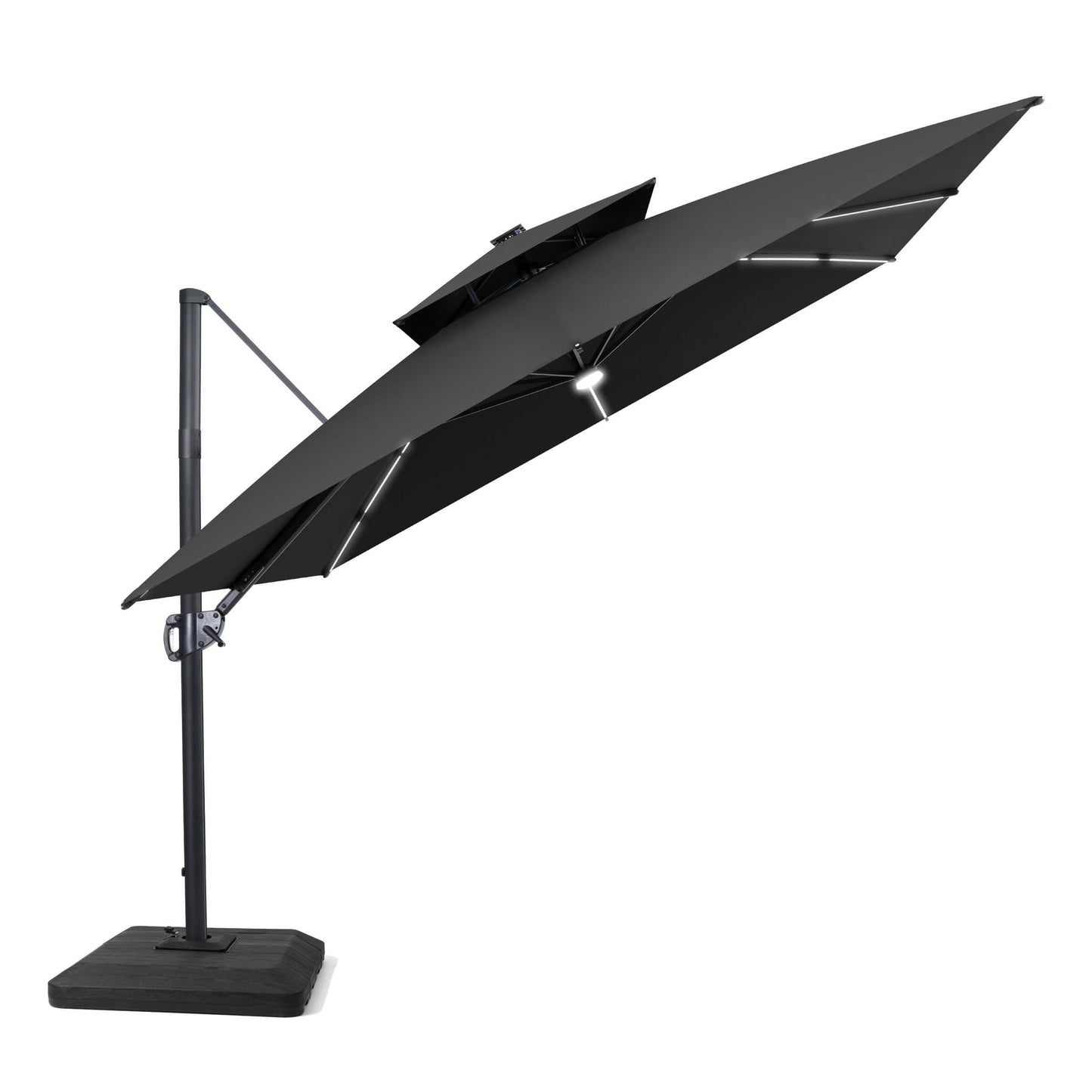 Black square cantilever LED patio umbrella on a weighted base.