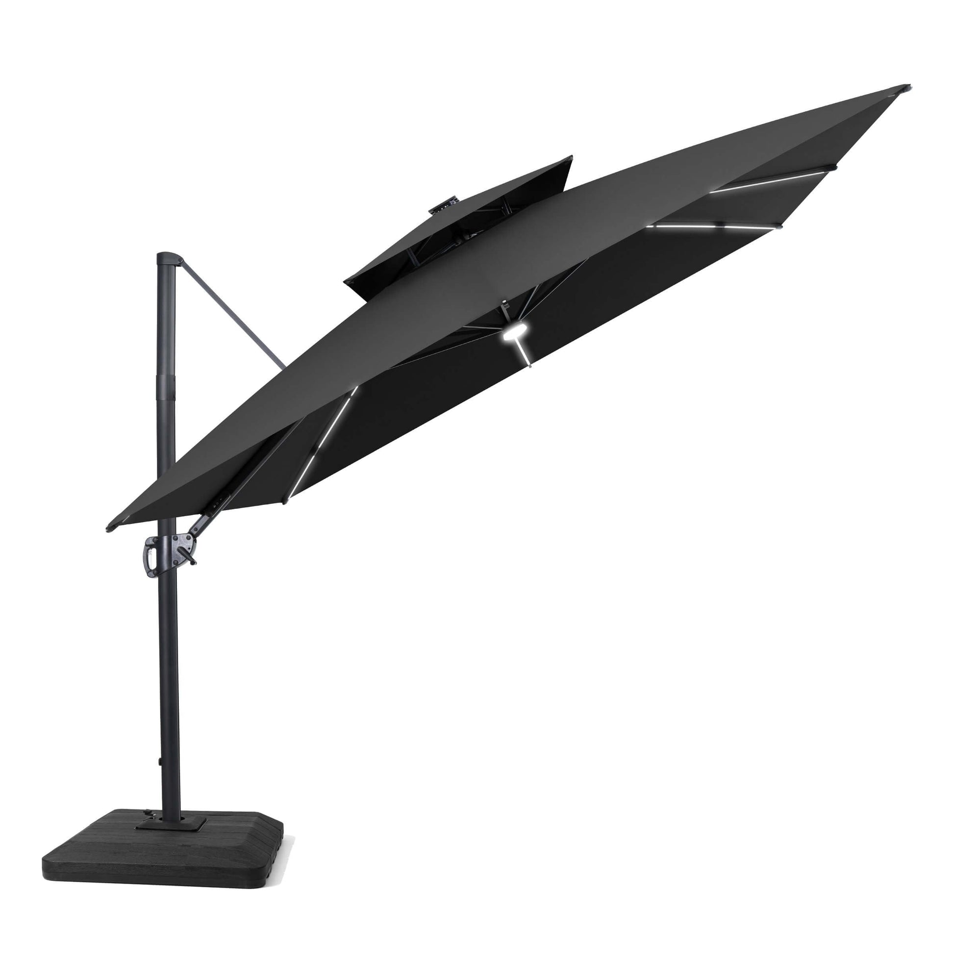 Black square cantilever LED patio umbrella on a weighted base.