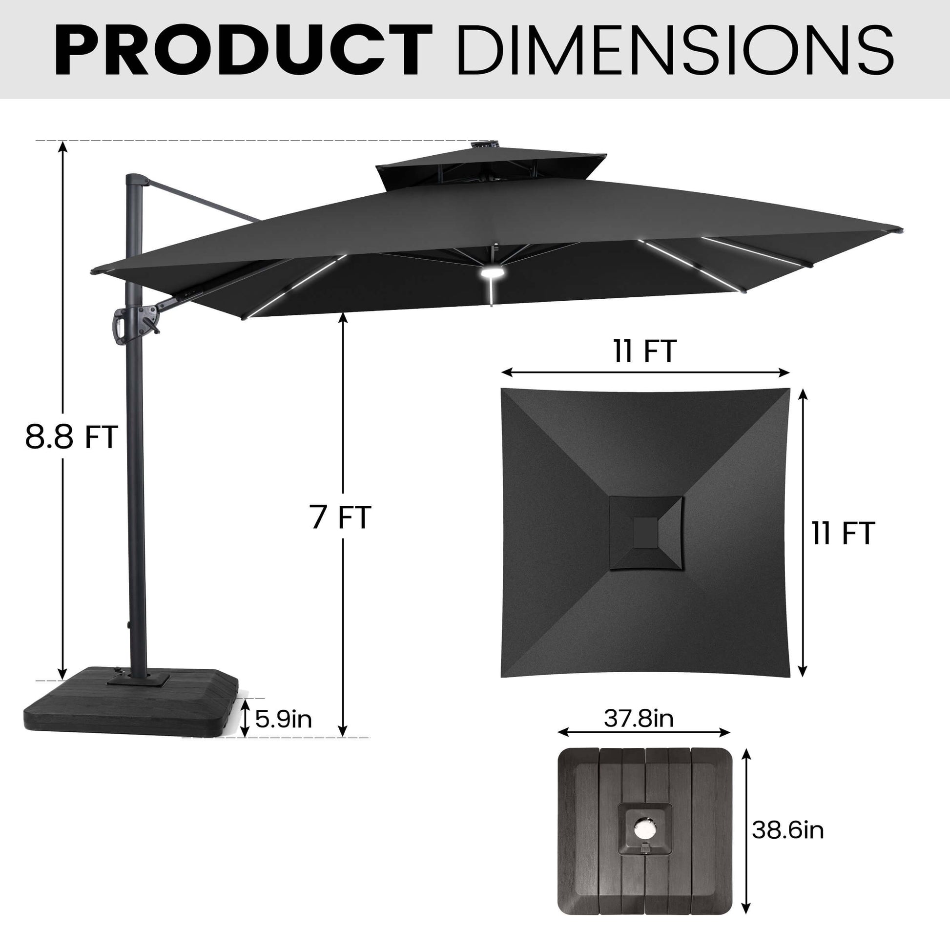 Dimensions of 11x11 FT black LED cantilever umbrella and weighted base.