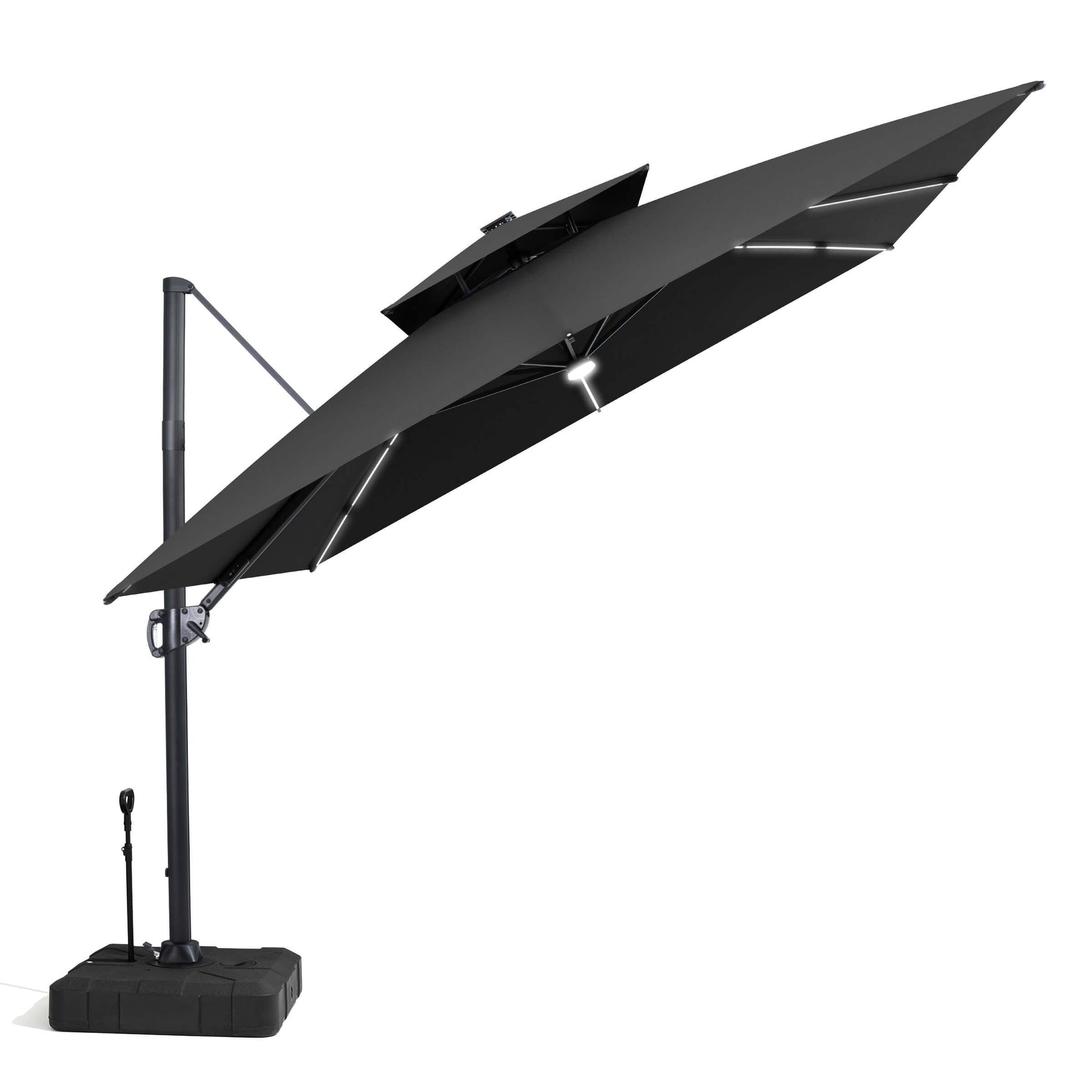 Tilted black LED cantilever umbrella on a pull-rod base.