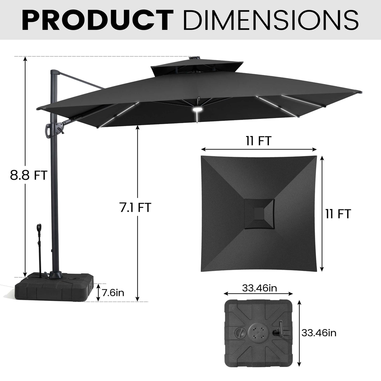 Dimensions of 11x11 FT black LED cantilever umbrella and pull-rod base.