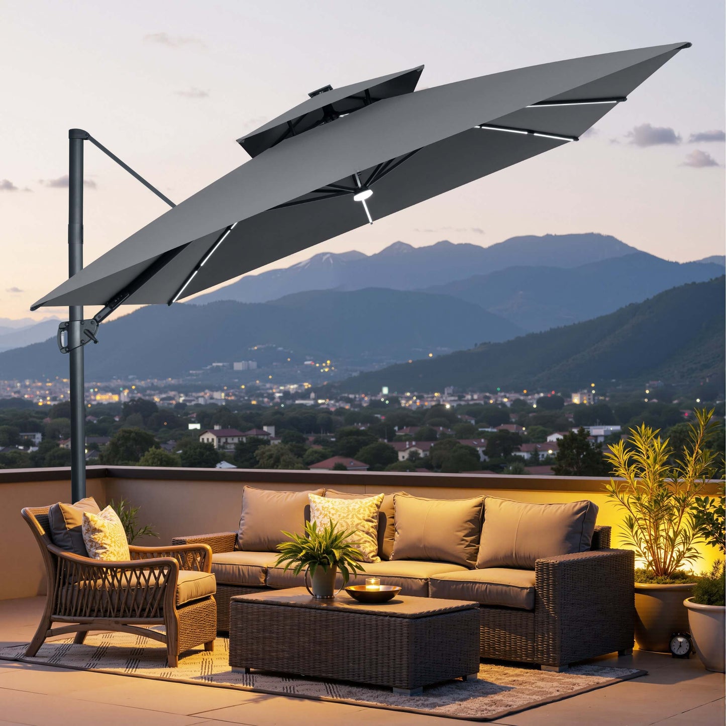 Tilted grey LED cantilever umbrella over a patio sofa set at dusk.
