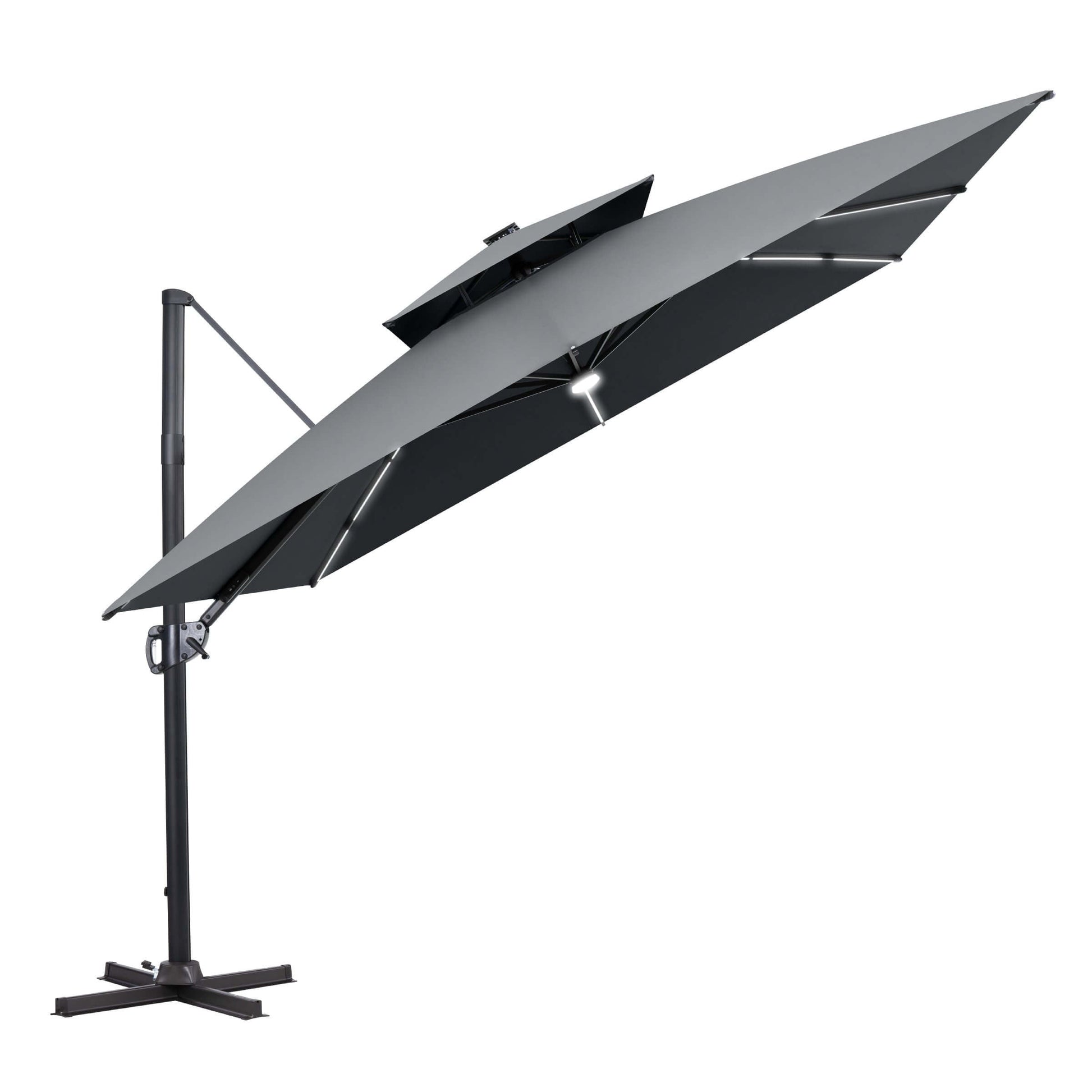 Tilted grey LED cantilever umbrella on a cross base.