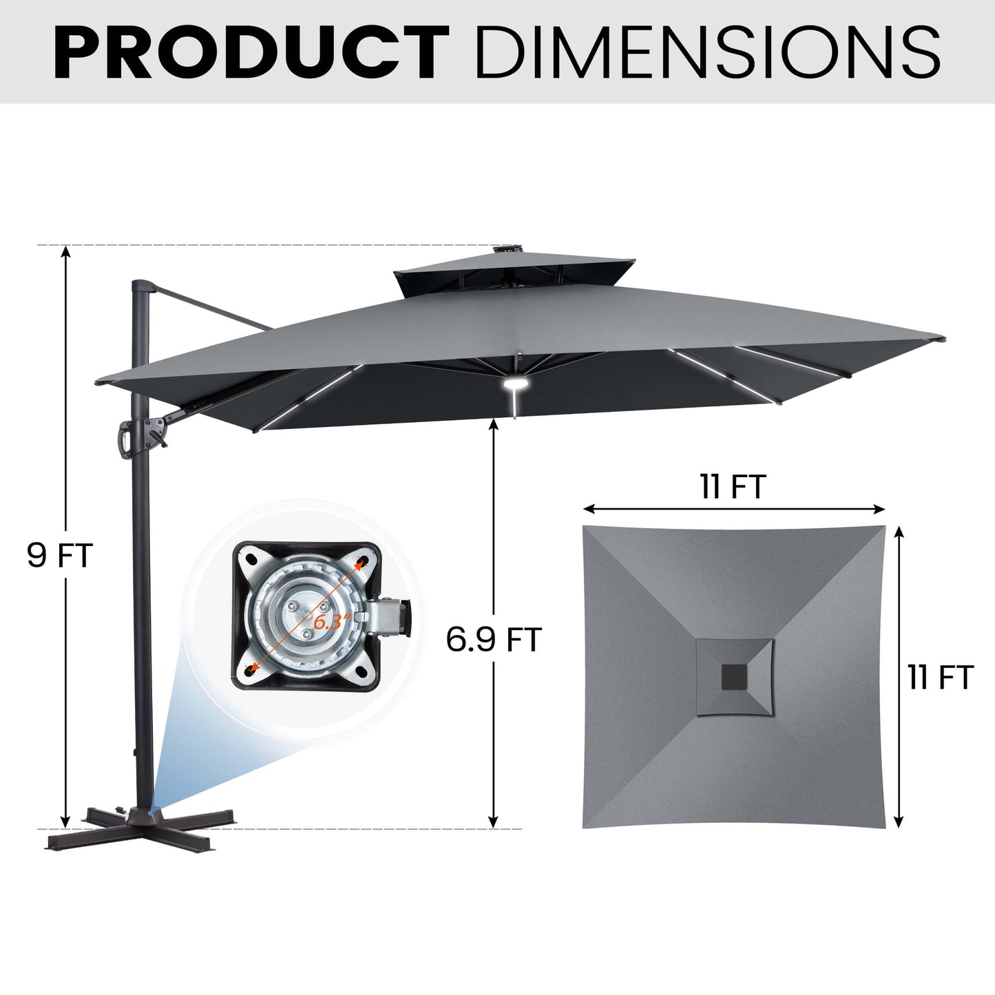 Dimensions of 11x11 FT grey LED cantilever umbrella and cross base.