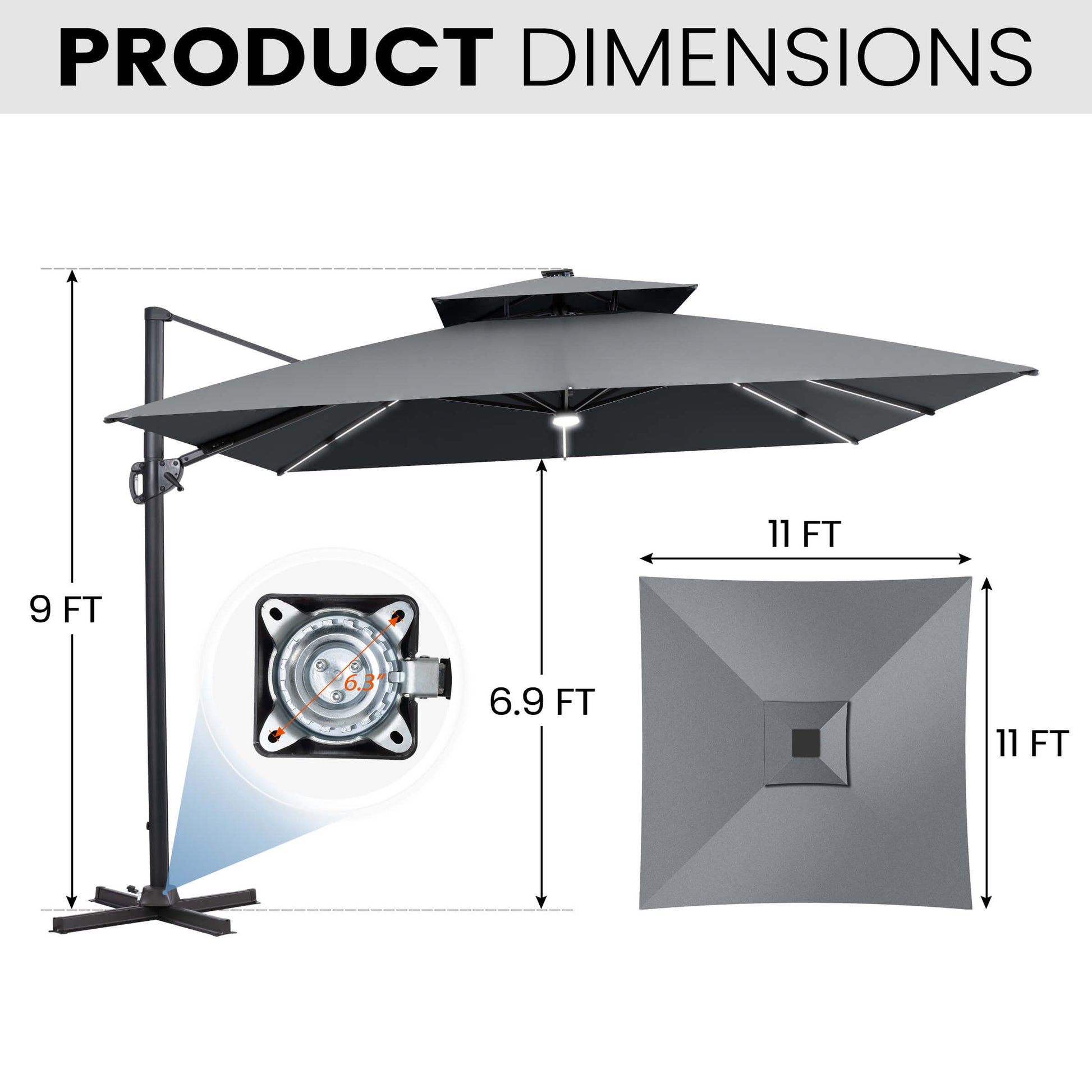 Dimensions of 11x11 FT grey LED cantilever umbrella and cross base.