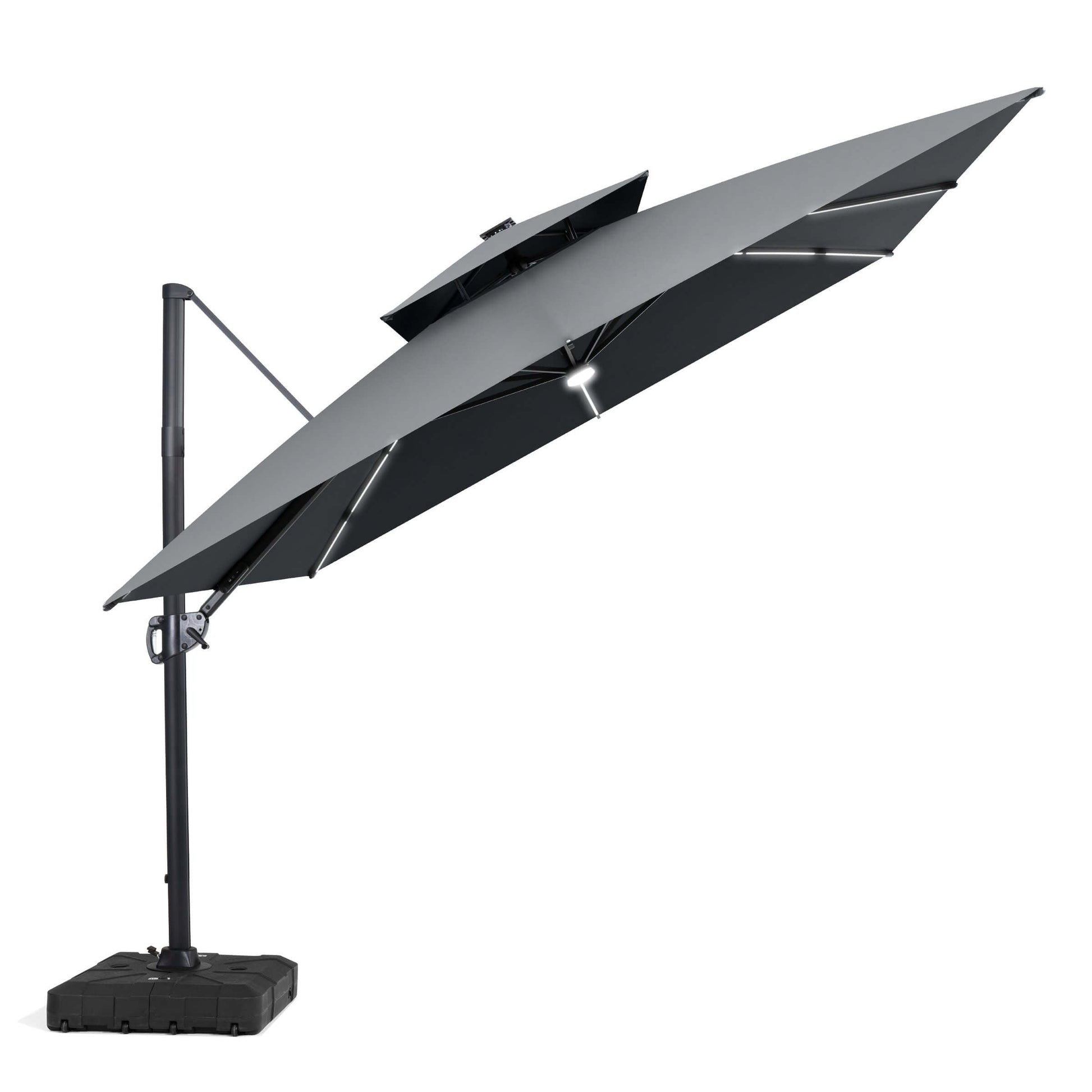 Tilted grey LED cantilever umbrella on a wheeled base.