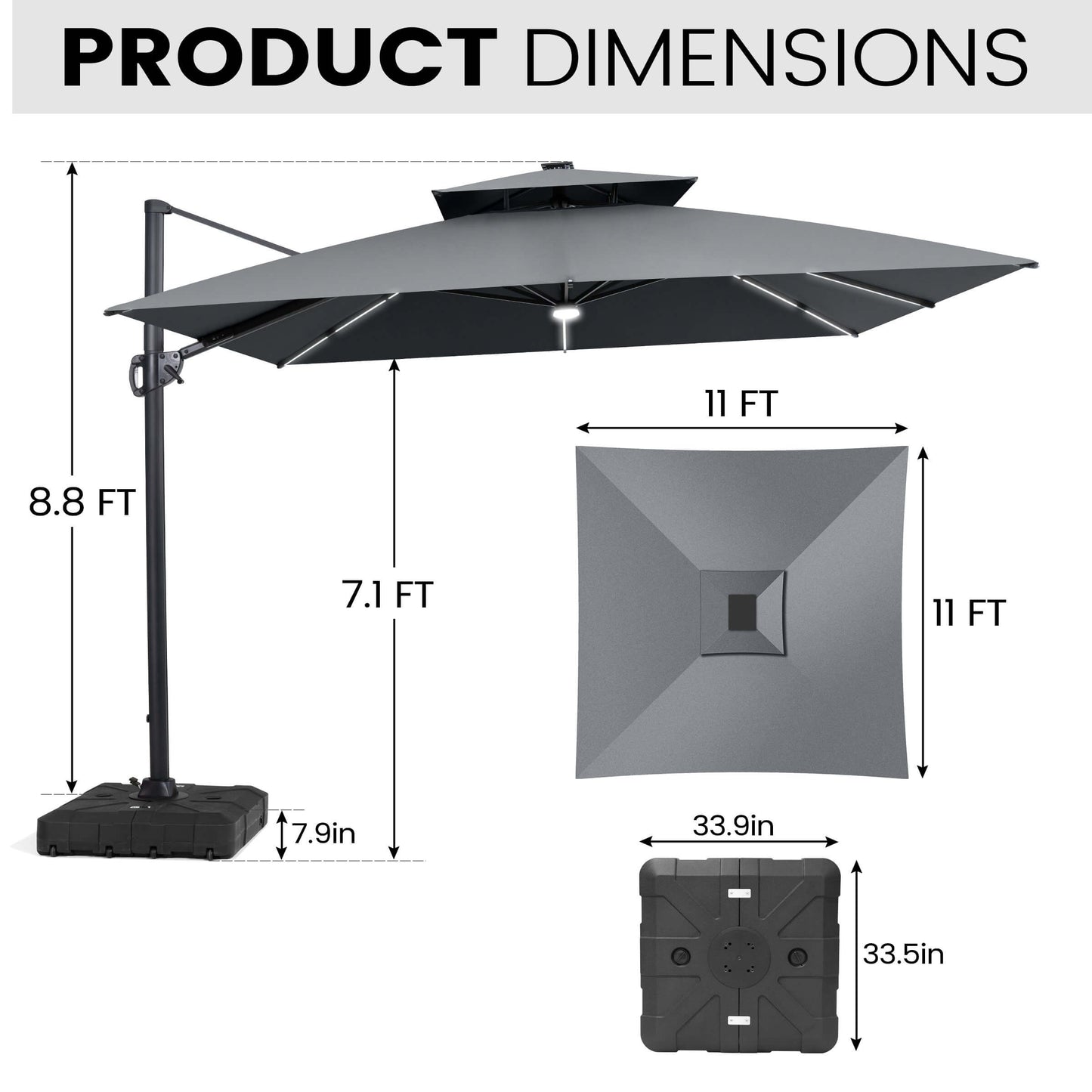 Dimensions of 11x11 FT grey LED cantilever umbrella and wheeled base.