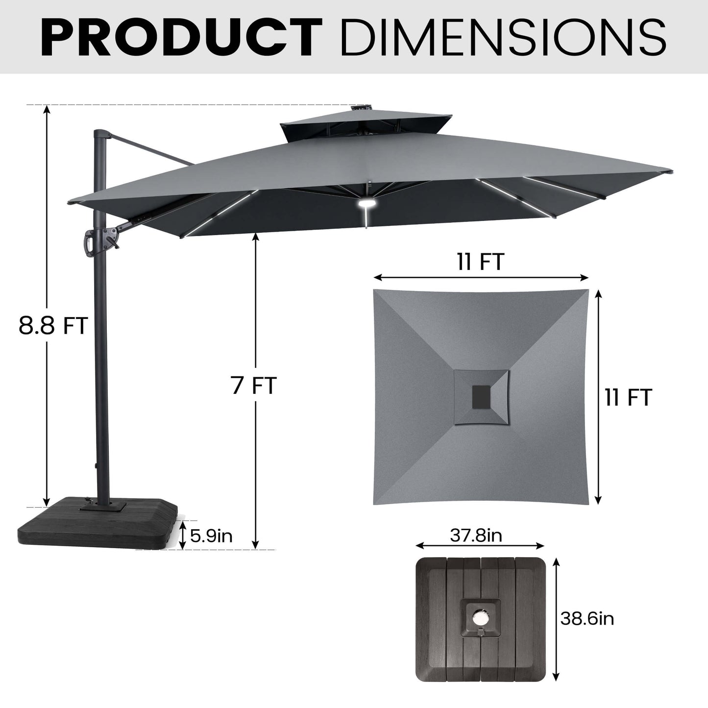 Dimensions of 11x11 FT grey LED cantilever umbrella and weighted base.