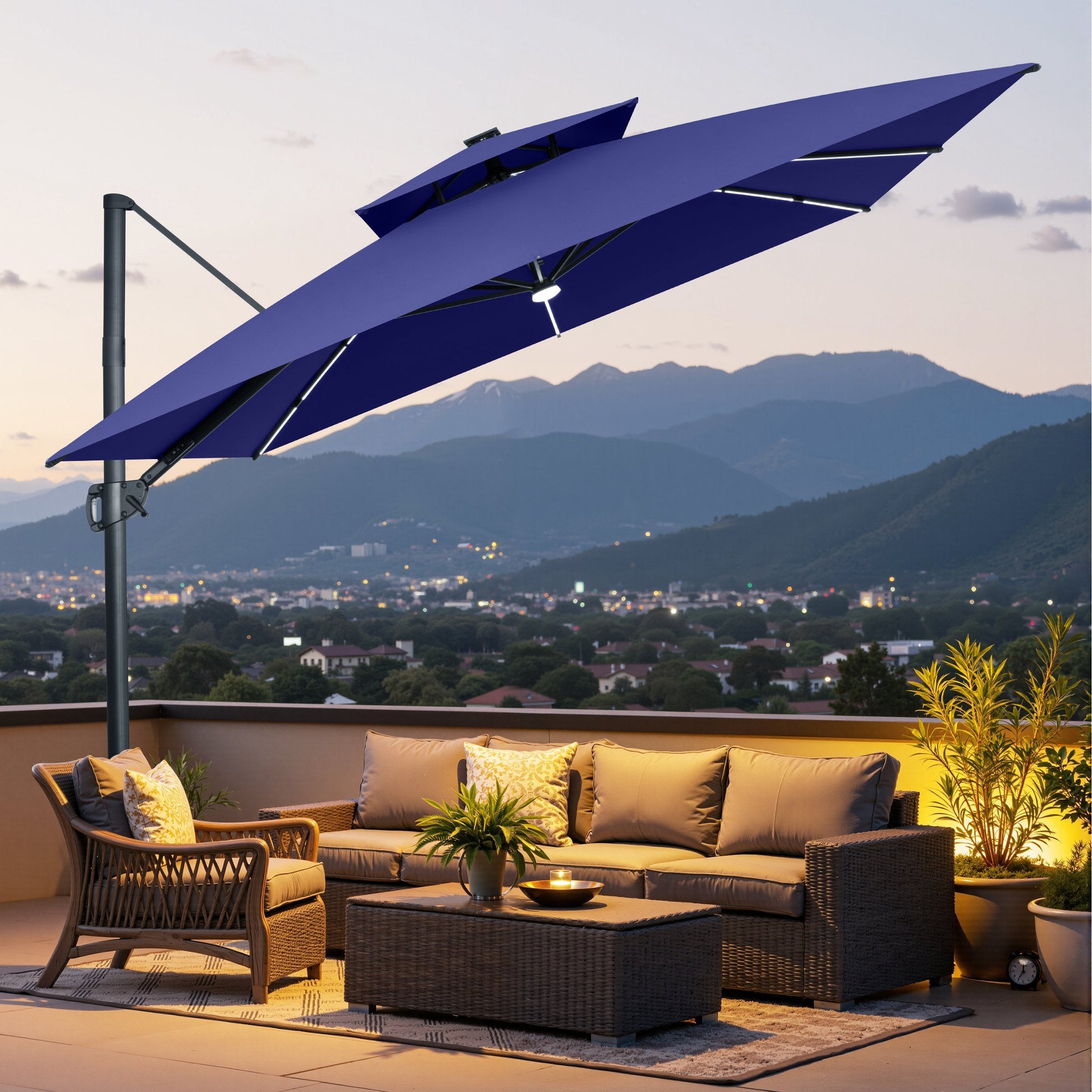 Tilted navy blue LED cantilever umbrella over a patio sofa set at dusk.