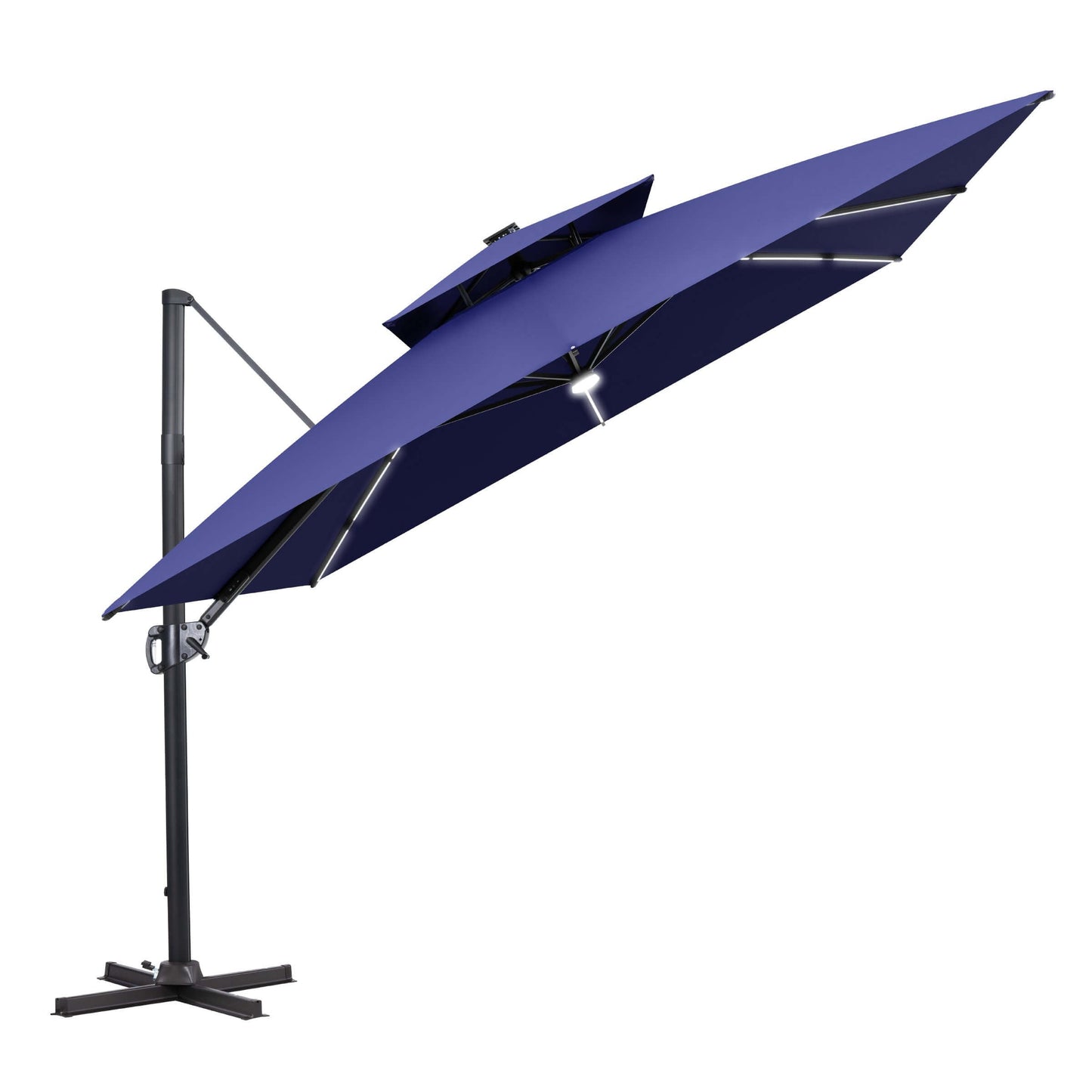 Tilted navy blue LED cantilever umbrella on a cross base.