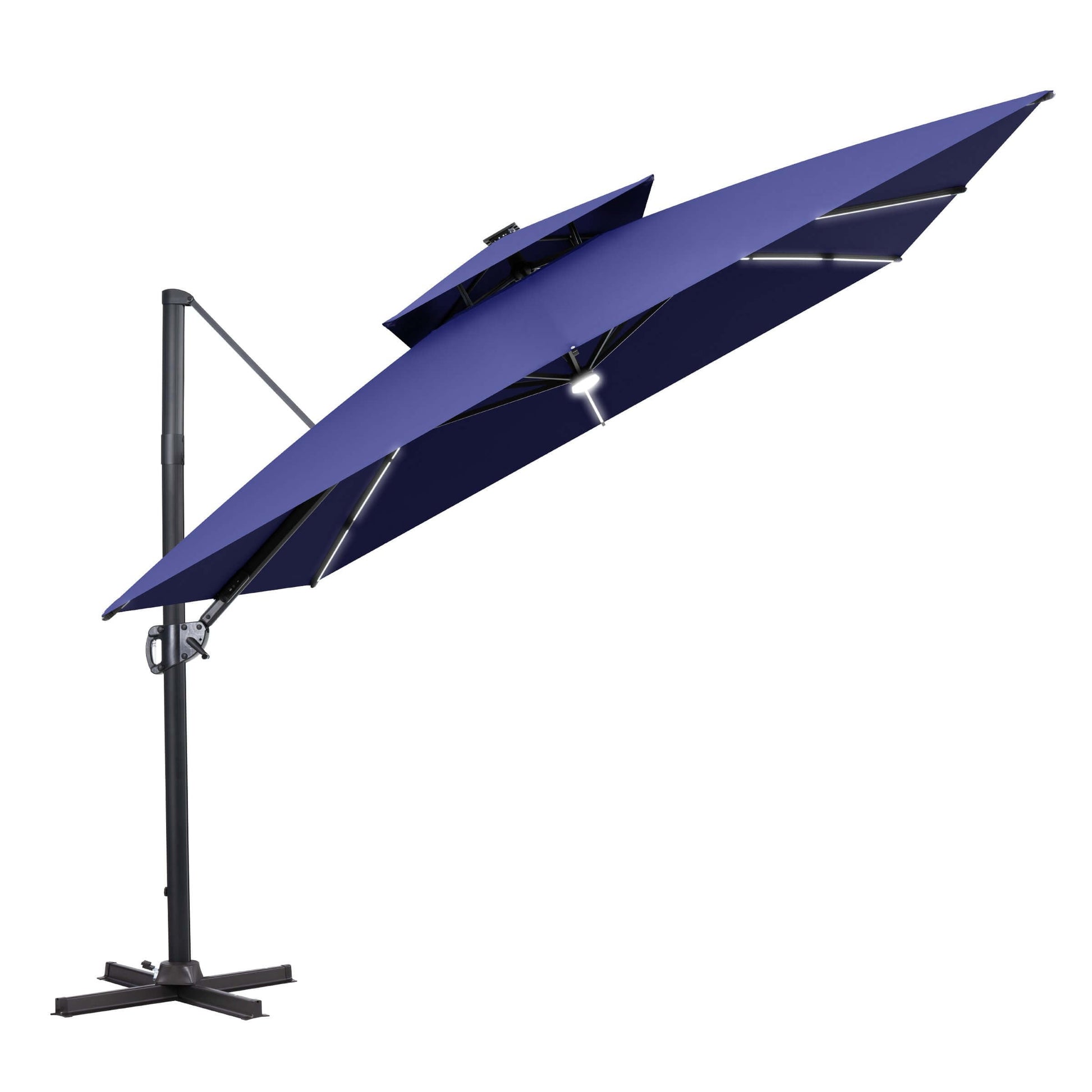 Tilted navy blue LED cantilever umbrella on a cross base.