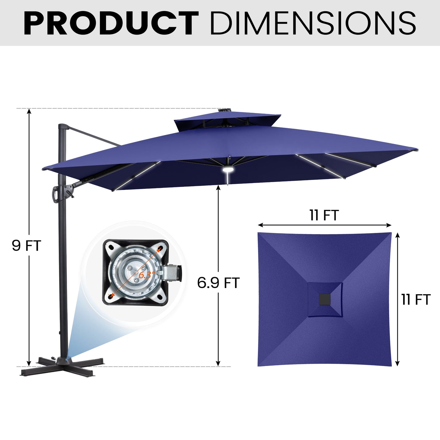 Dimensions of 11x11 FT navy blue LED cantilever umbrella and cross base.