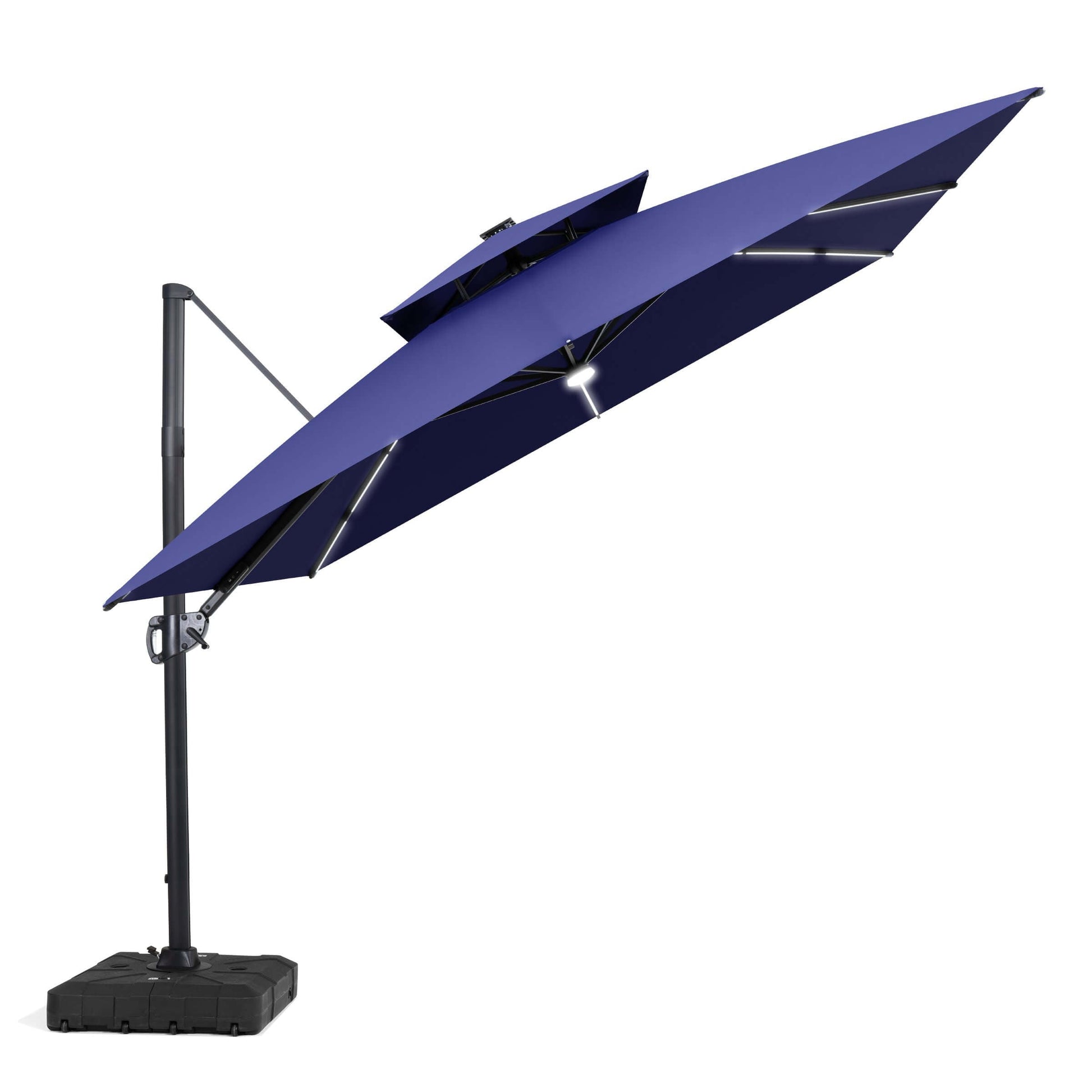 Tilted navy blue LED cantilever umbrella on a wheeled base.