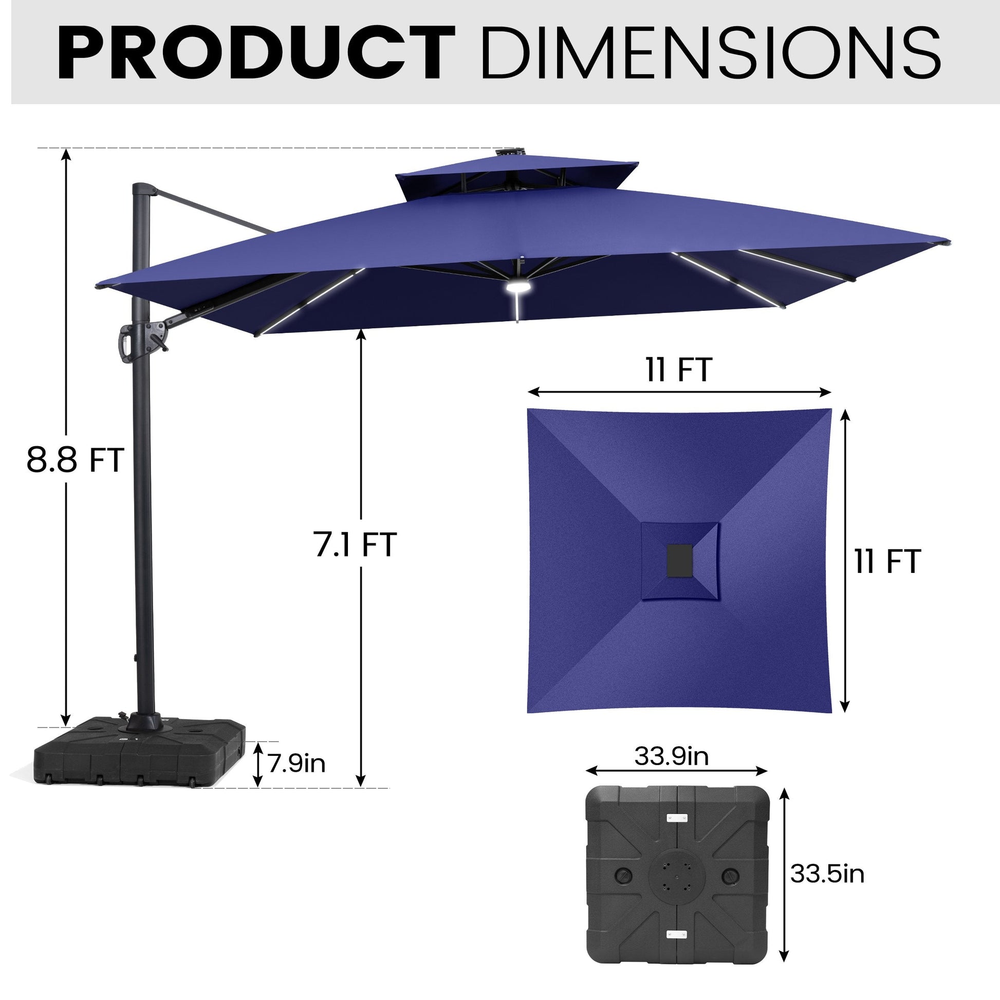 11x11ft blue LED cantilever umbrella dimensions with wheeled base.