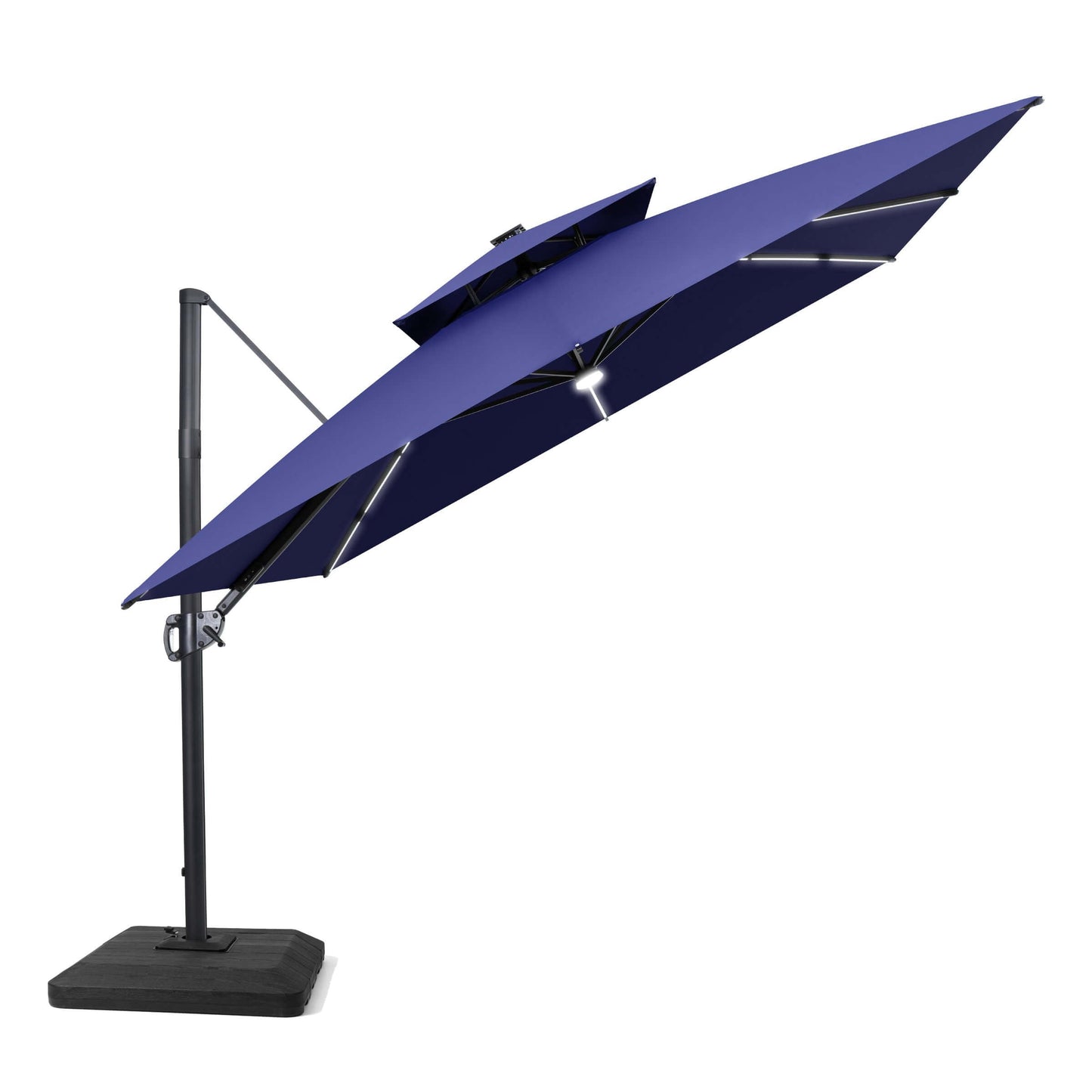 Tilted purple cantilever umbrella with LED lights on a weighted base.