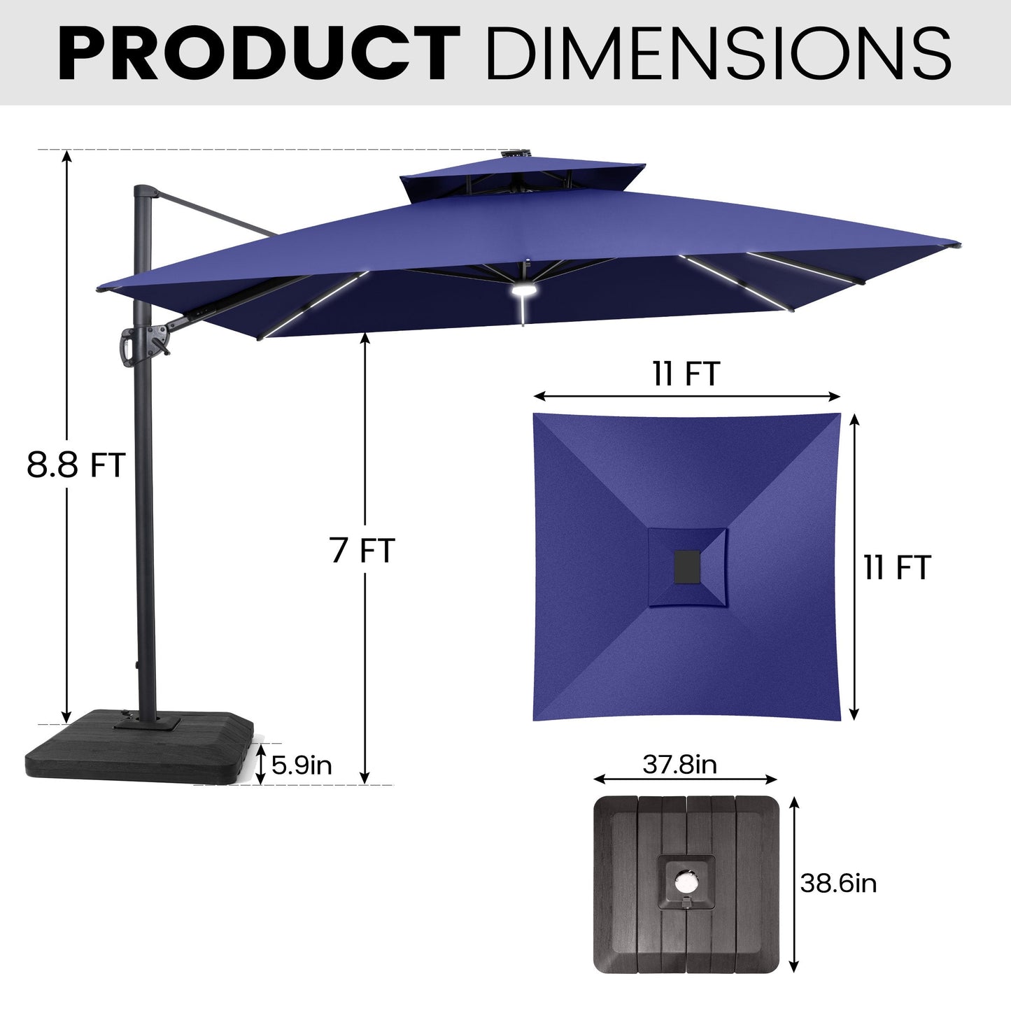 Dimensions of 11x11 FT navy blue LED cantilever umbrella and weighted base.