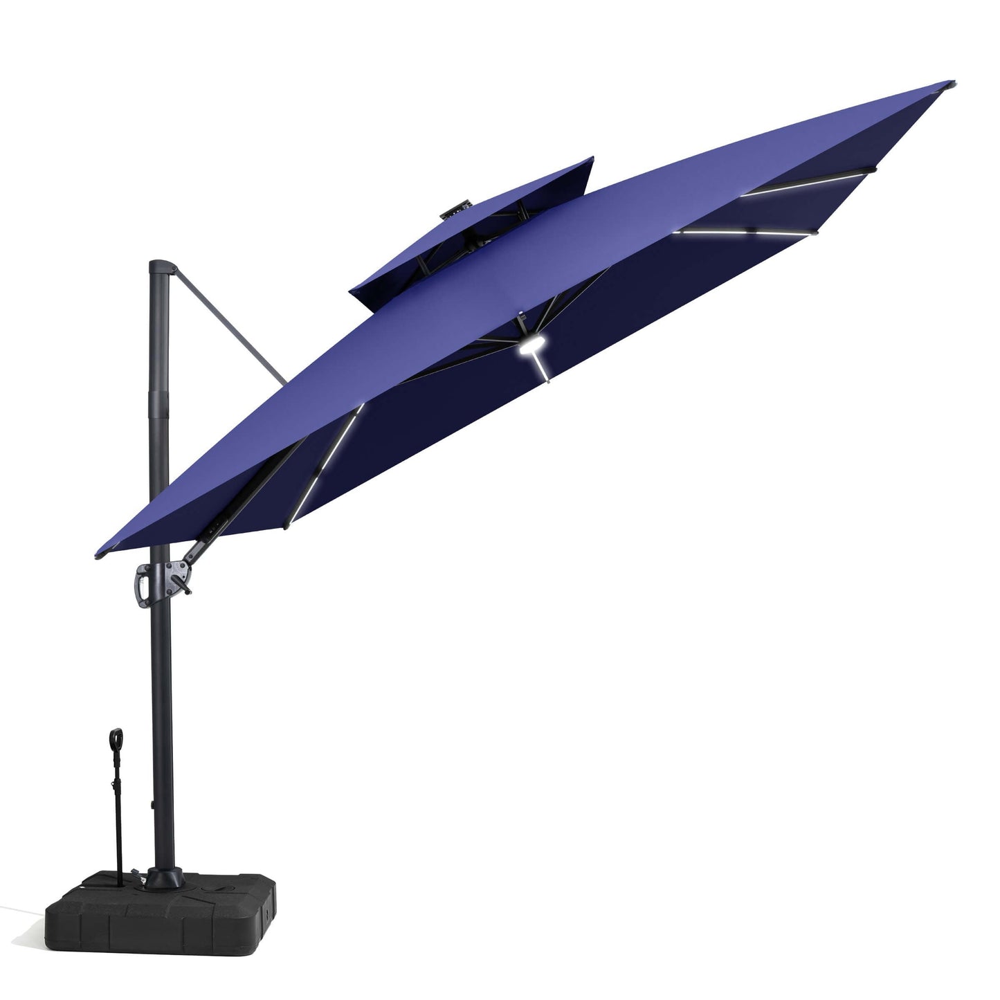 Tilted navy blue LED cantilever umbrella on a weighted base.