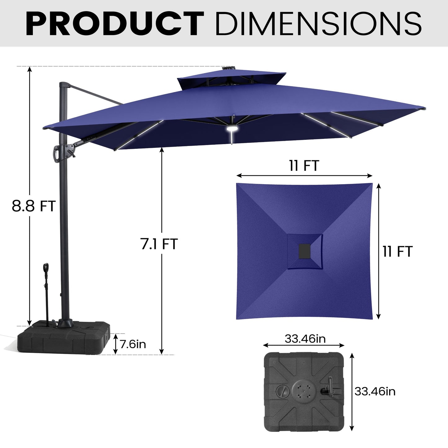 Product dimensions of navy blue 11ft square LED cantilever umbrella with base.