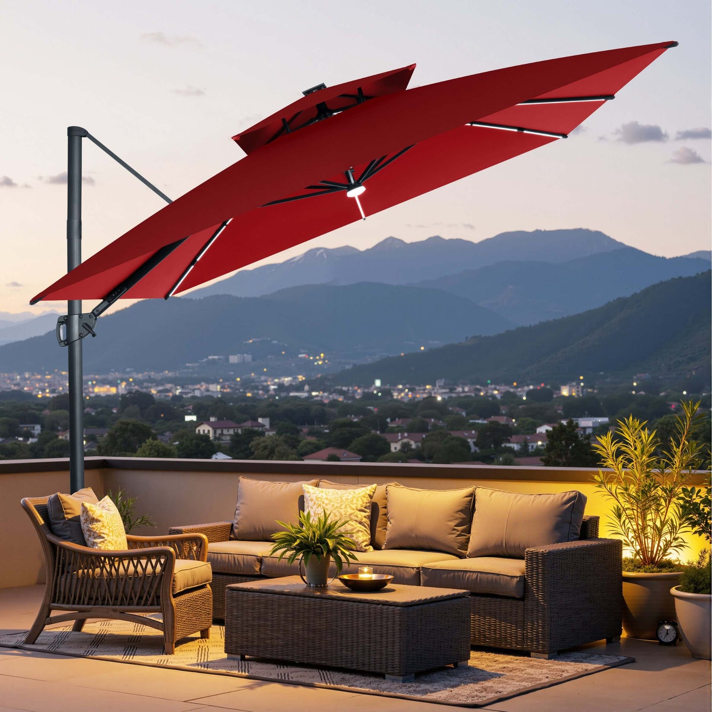 Tilted red LED cantilever umbrella over a patio sofa set at dusk.