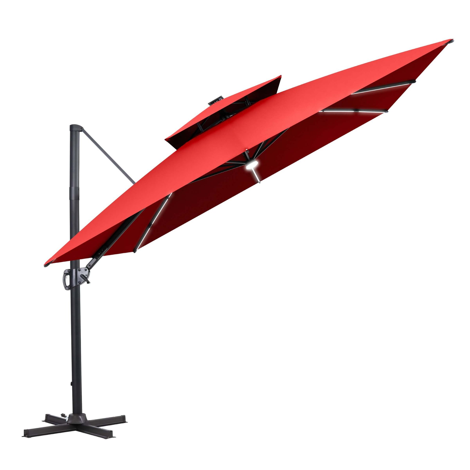 Tilted red LED cantilever umbrella on a cross base.