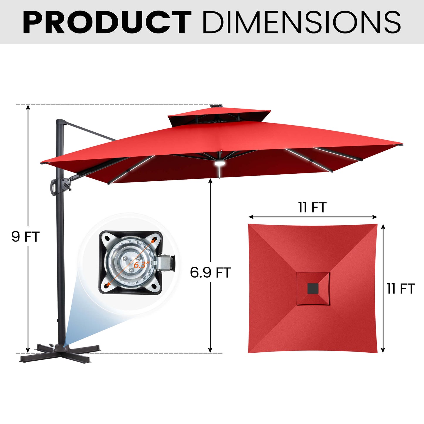 Dimensions of 11x11 FT red LED cantilever umbrella and cross base.