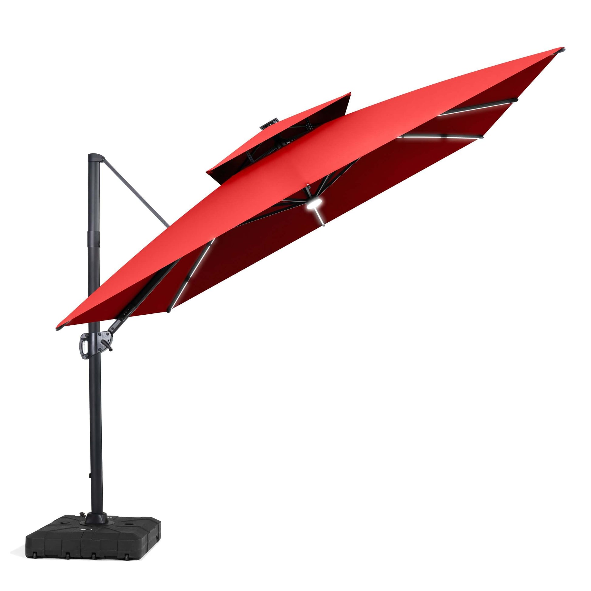 Tilted red LED cantilever umbrella on a wheeled base.