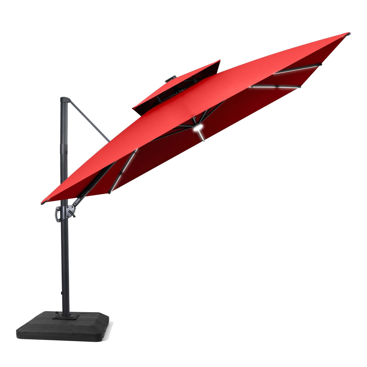 Tilted red LED cantilever umbrella on a weighted base.