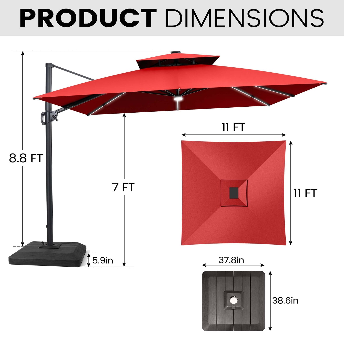 Dimensions of 11x11 FT red LED cantilever umbrella and weighted base.