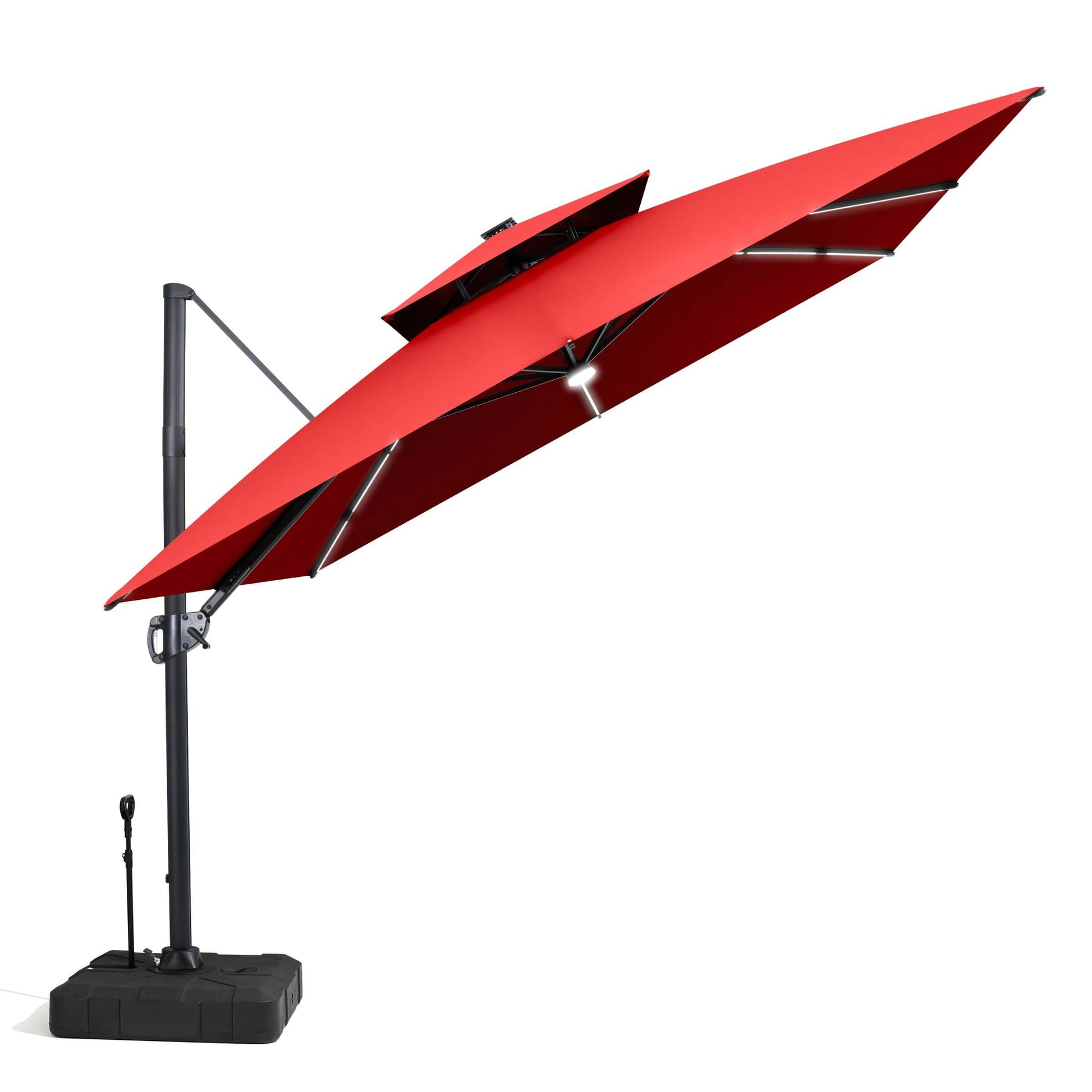 Red solar LED cantilever umbrella with weighted pull-rod base.