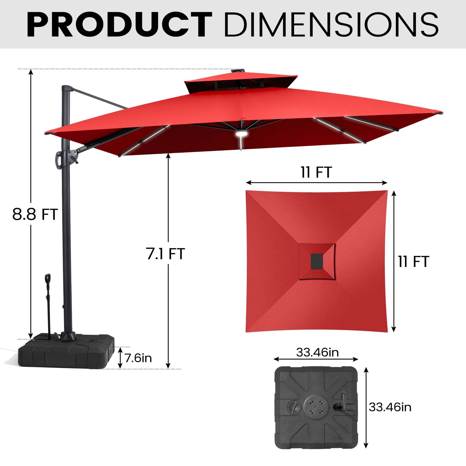 Dimensions of 11x11 FT red LED cantilever umbrella with pull-rod base.