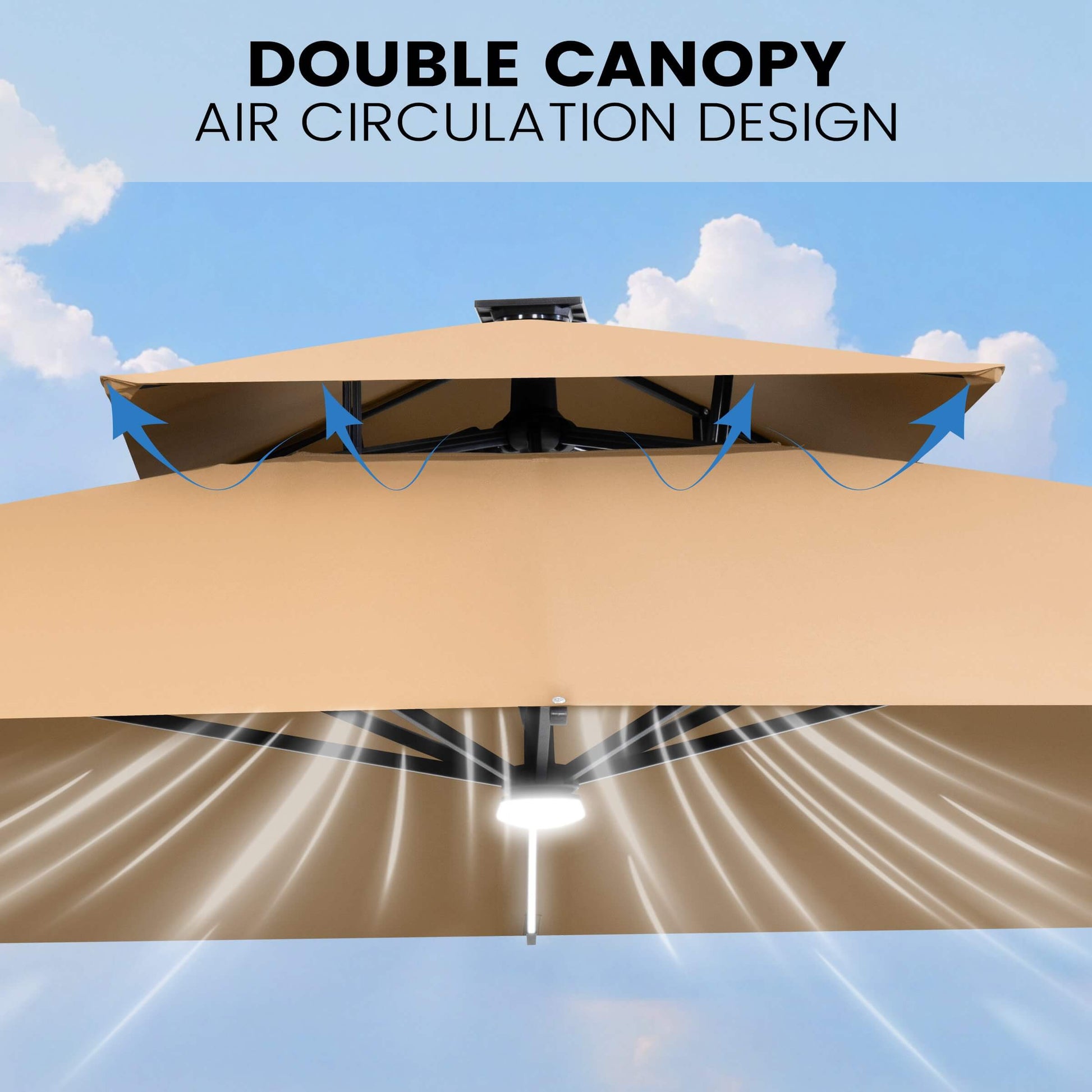 Beige double canopy umbrella showing air circulation design.