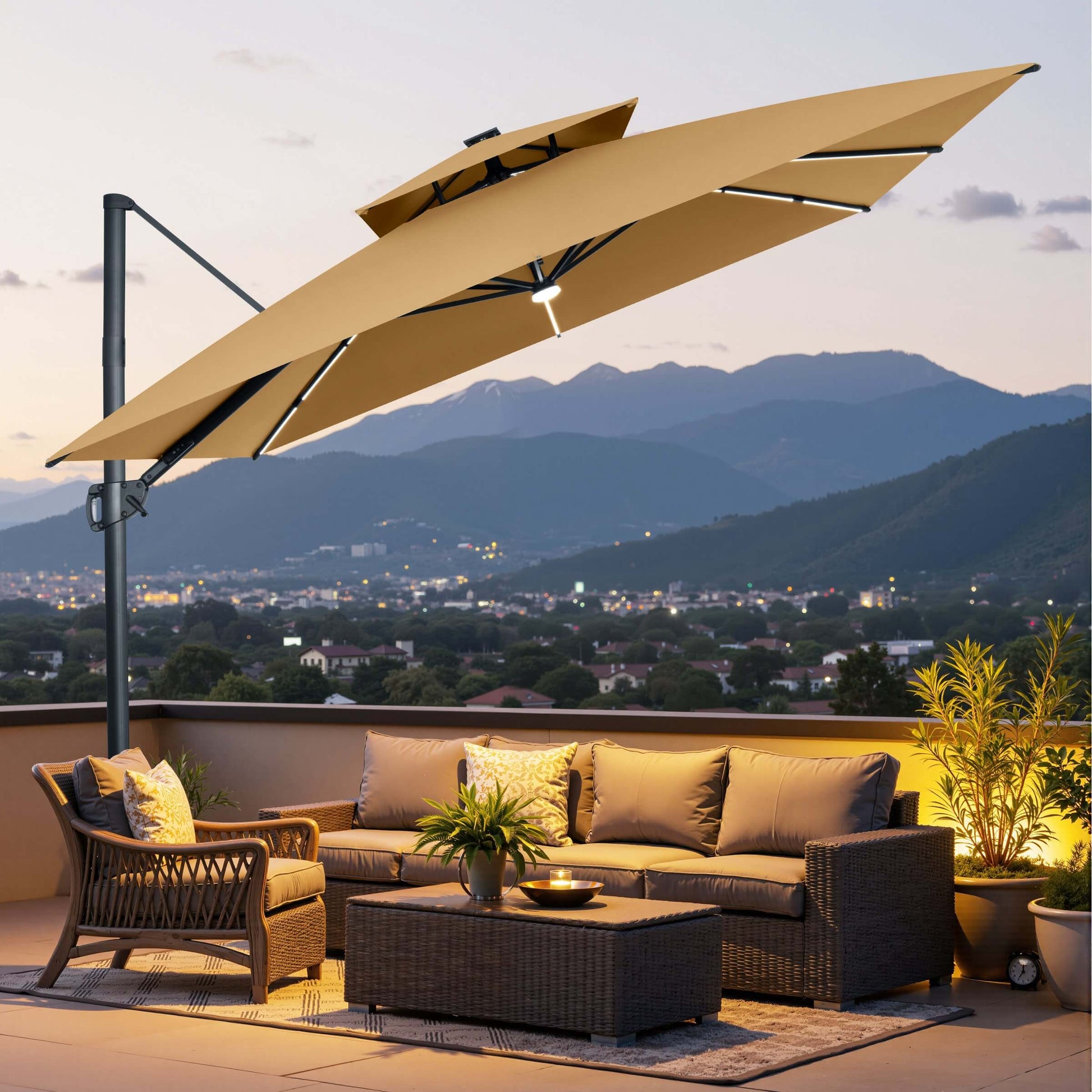Tilted beige LED cantilever umbrella over a patio sofa set at dusk.