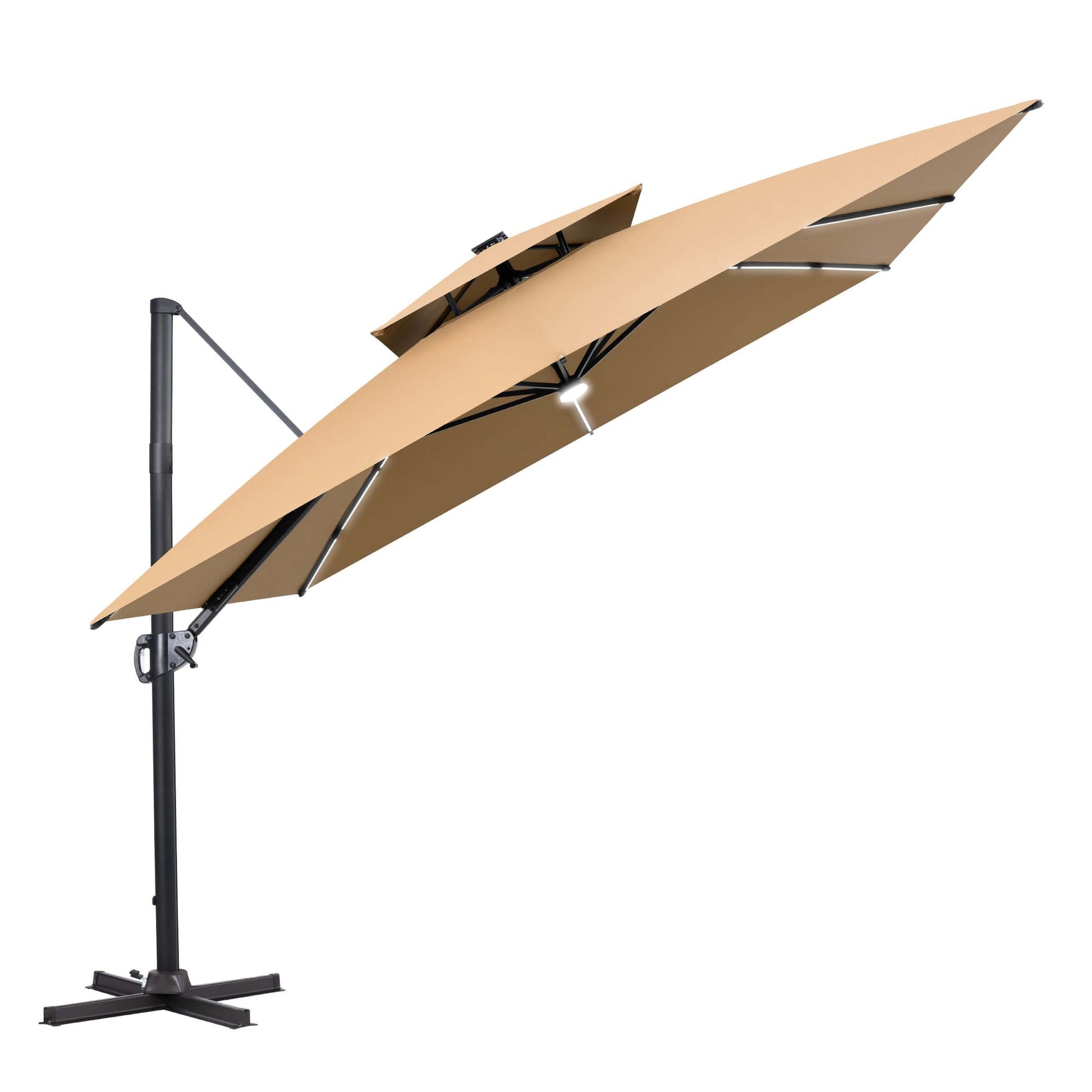 Tilted beige LED solar cantilever patio umbrella.
