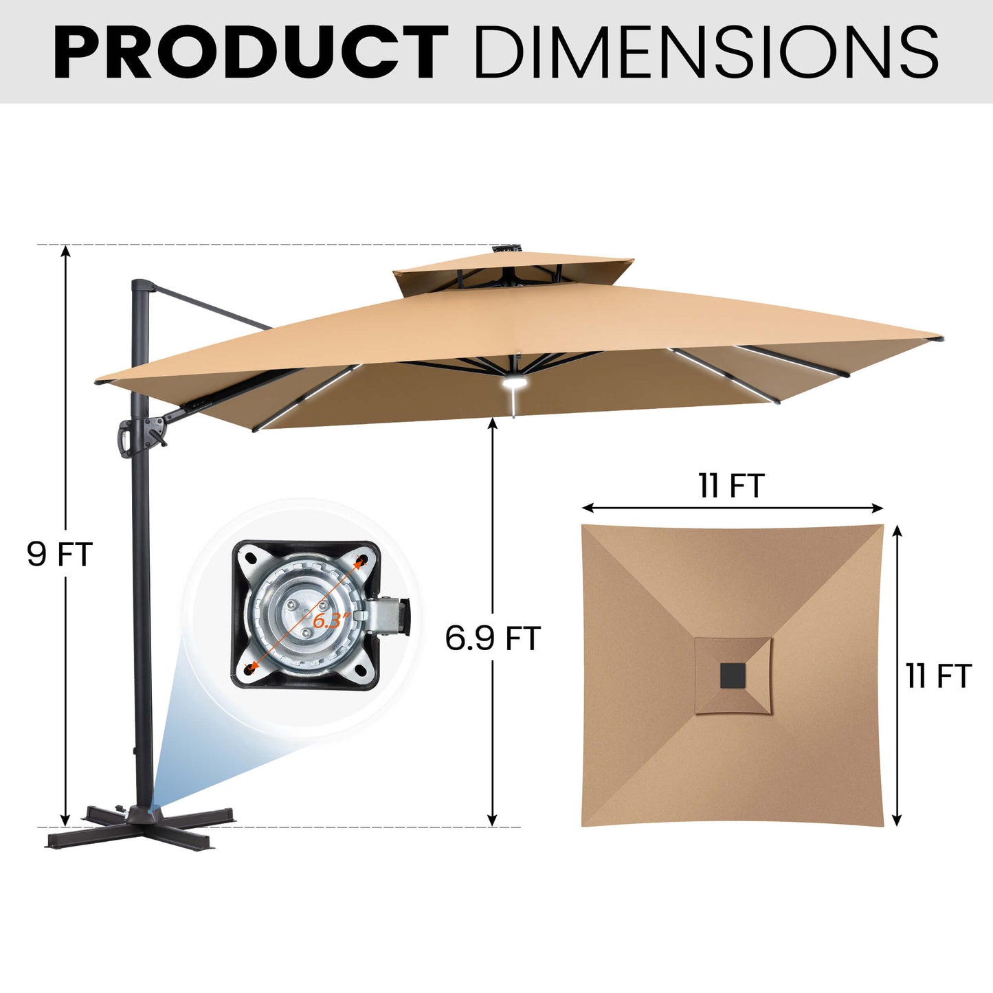 Dimensions of 11x11 FT beige LED cantilever umbrella and cross base.