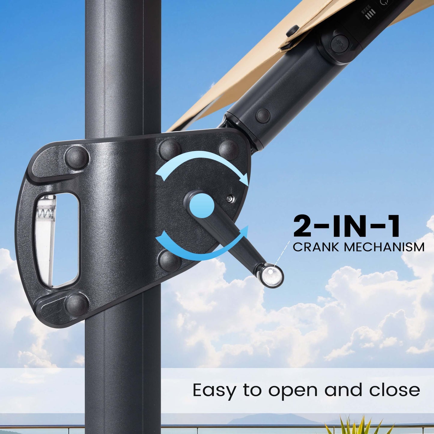 Close-up of a black 2-in-1 crank mechanism on a patio umbrella pole, featuring blue rotational symbols and 'Easy to open and close' text.