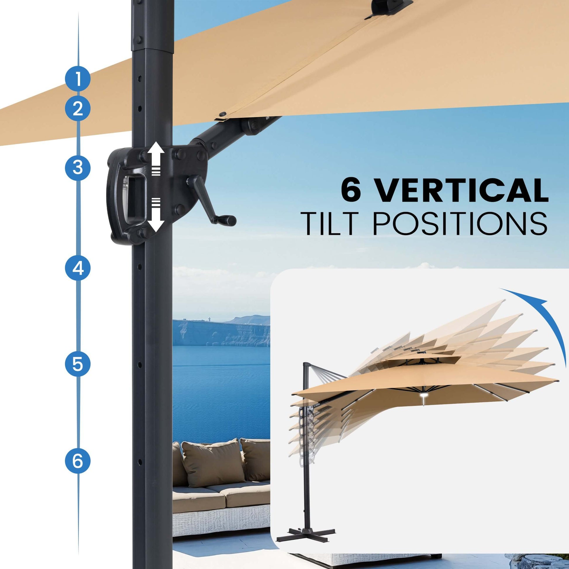 Patio umbrella crank mechanism showing 6 vertical tilt positions and a diagram of adjustable canopy angles.