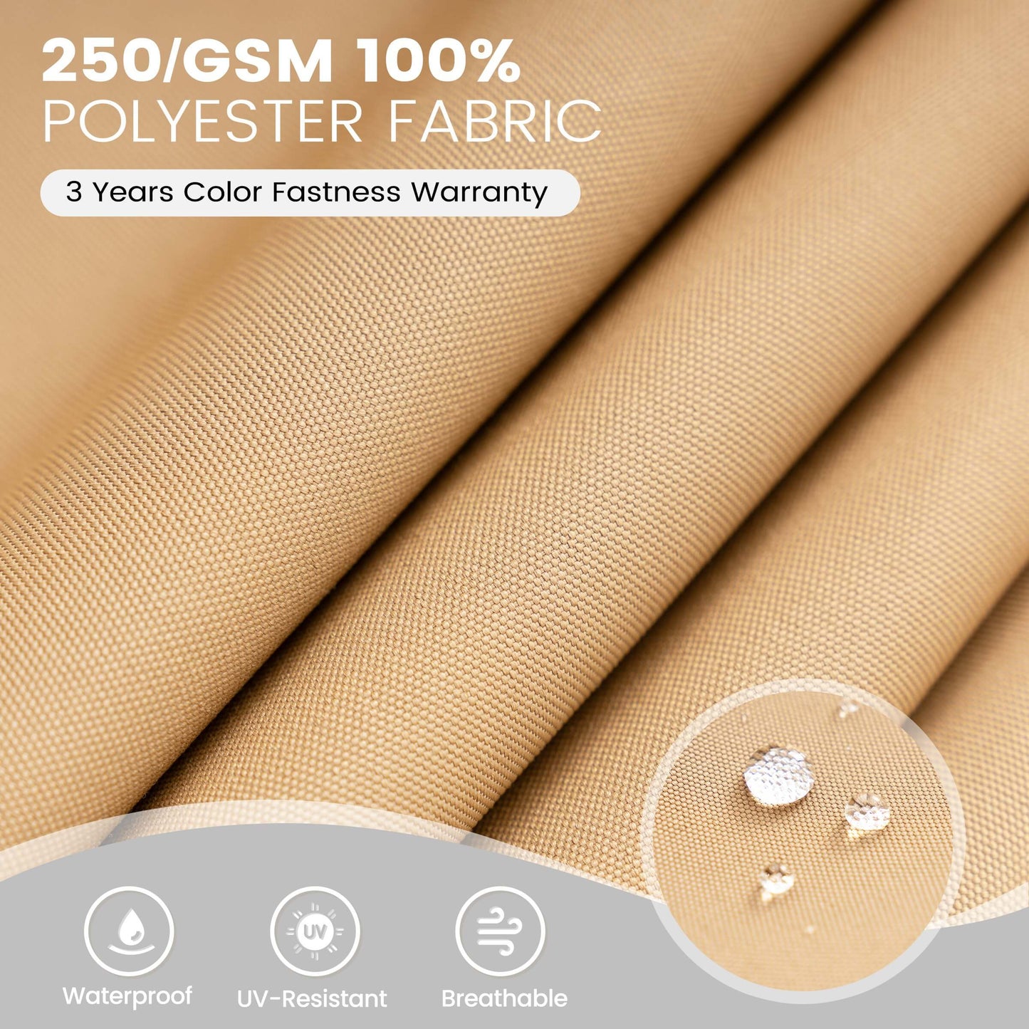 250GSM khaki polyester fabric with waterproof and UV-resistant features.