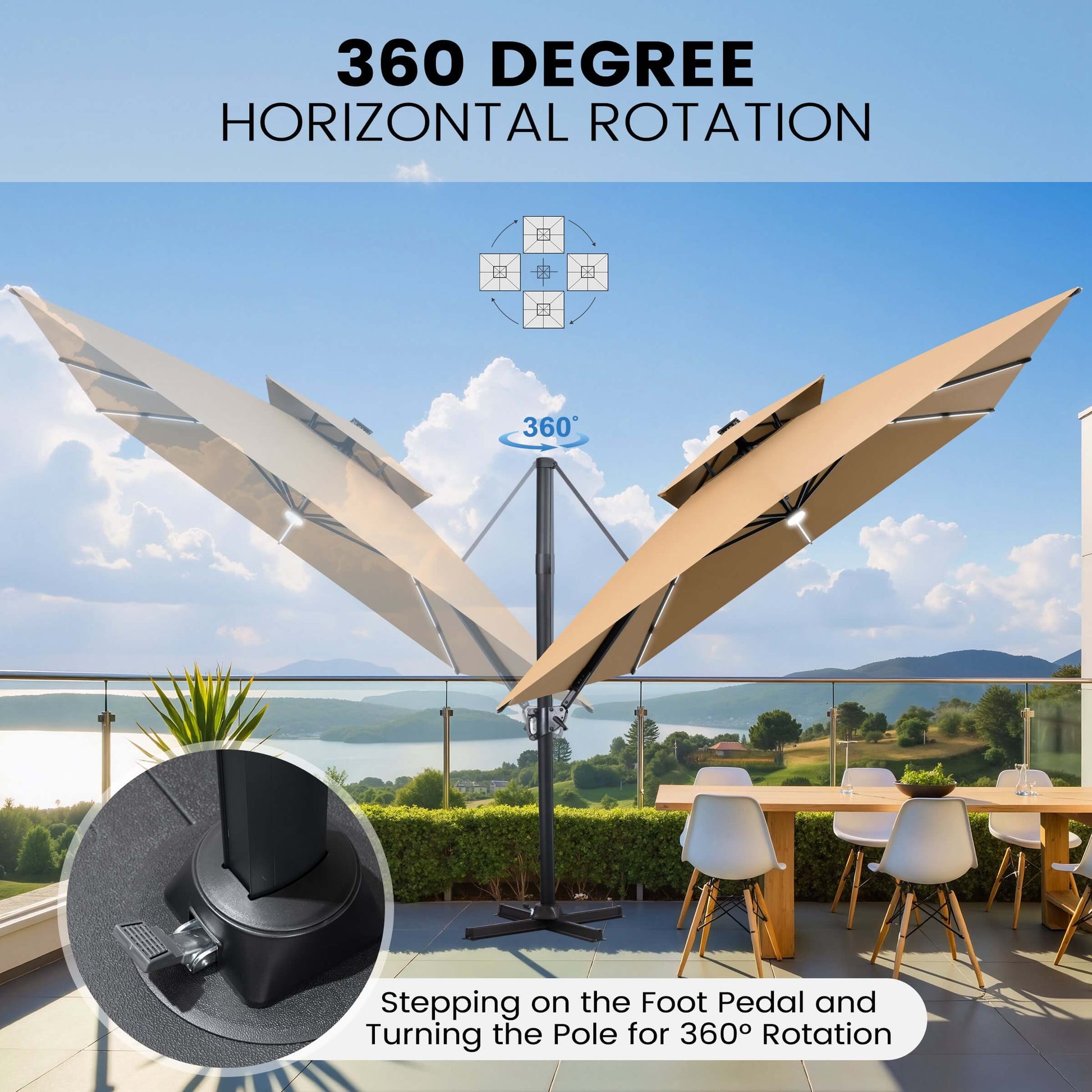 Khaki cantilever umbrella demonstrating 360-degree horizontal rotation via foot pedal base.
