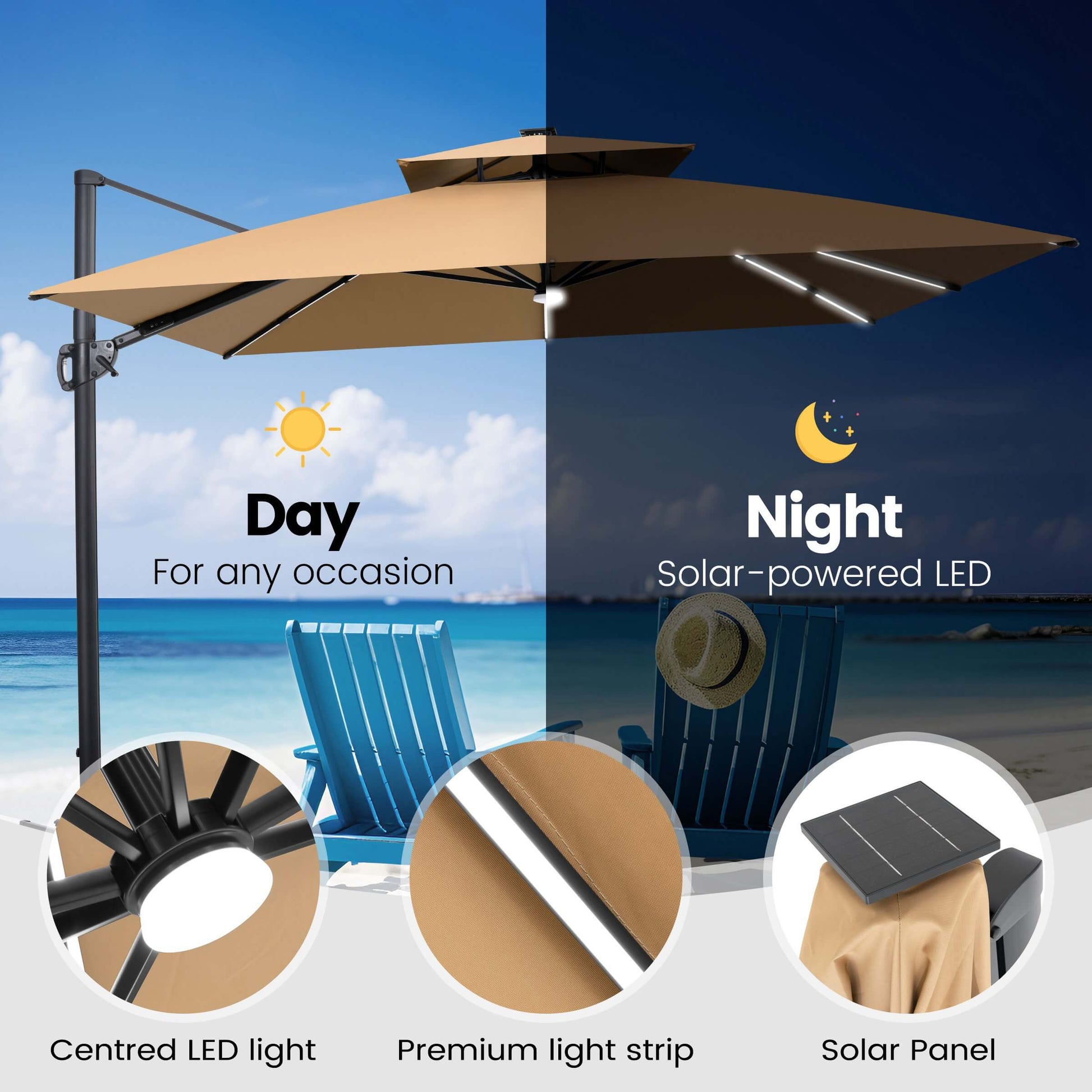 Beige solar LED cantilever umbrella. Day/night views. Detail lights/panel insets.