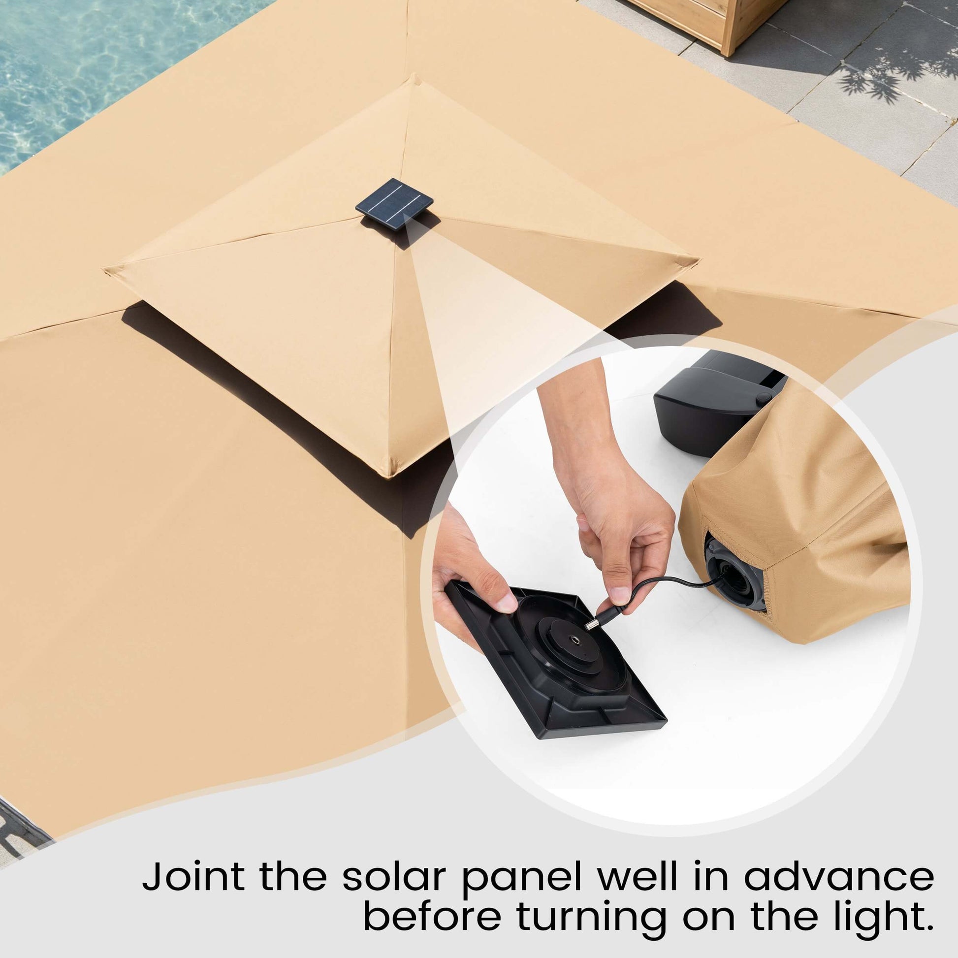 Connecting a small solar panel to a beige umbrella's light hub.