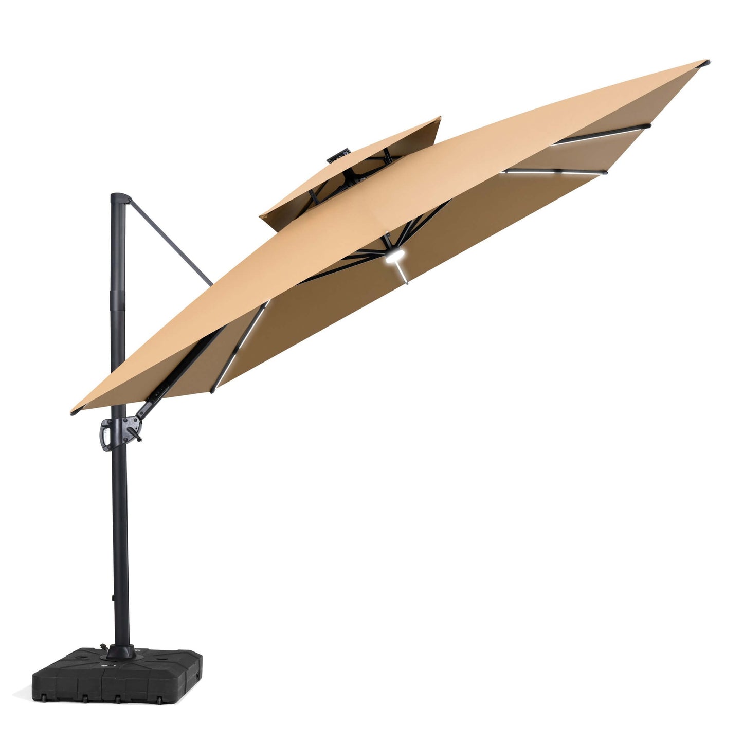 Tilted khaki cantilever patio umbrella with integrated LED lights, open double-top canopy.