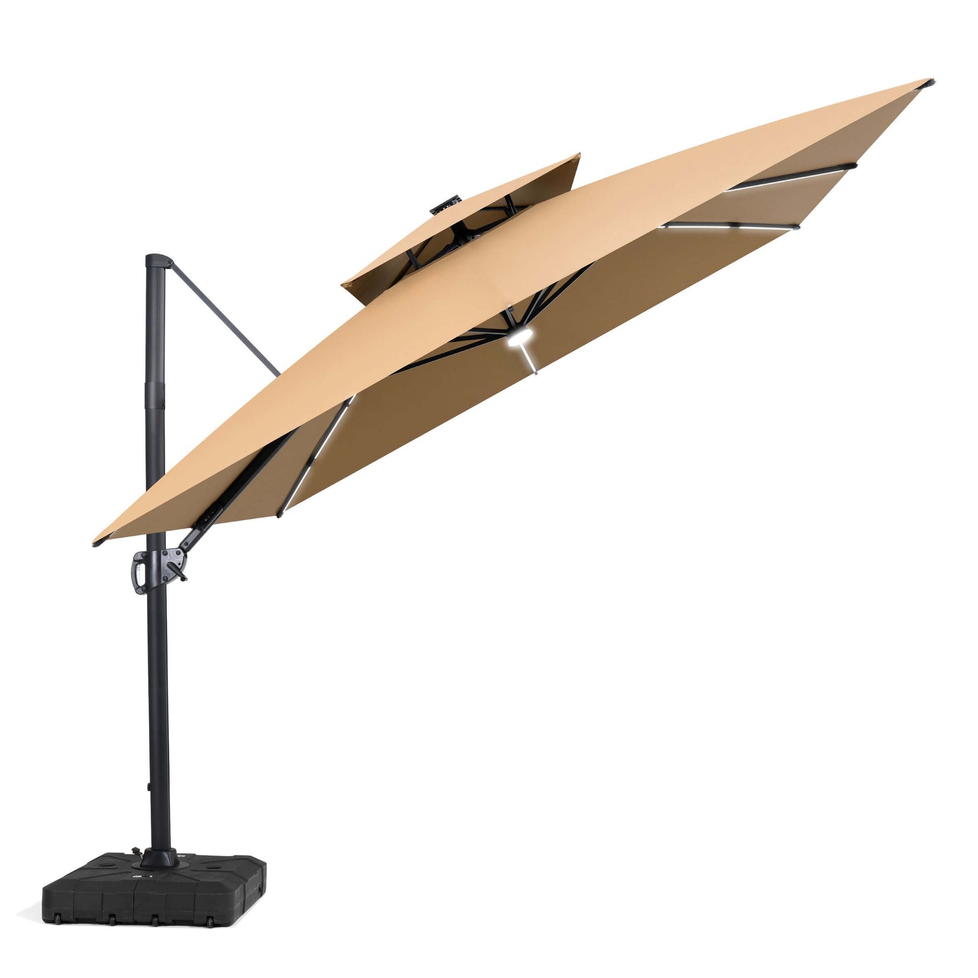 Tilted khaki cantilever patio umbrella with integrated LED lights, open double-top canopy.