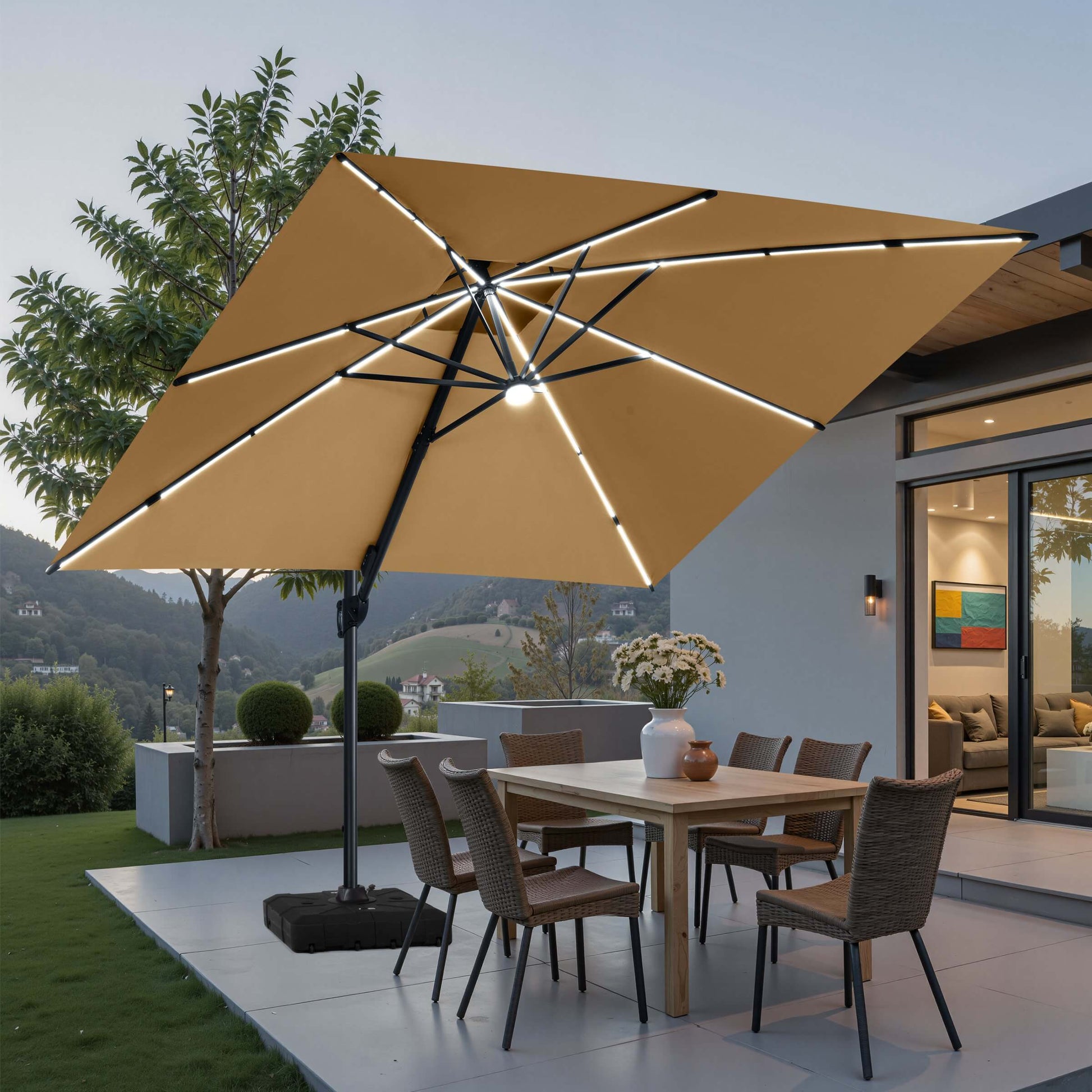 Beige LED cantilever umbrella on a wheeled base illuminating a patio dining set.