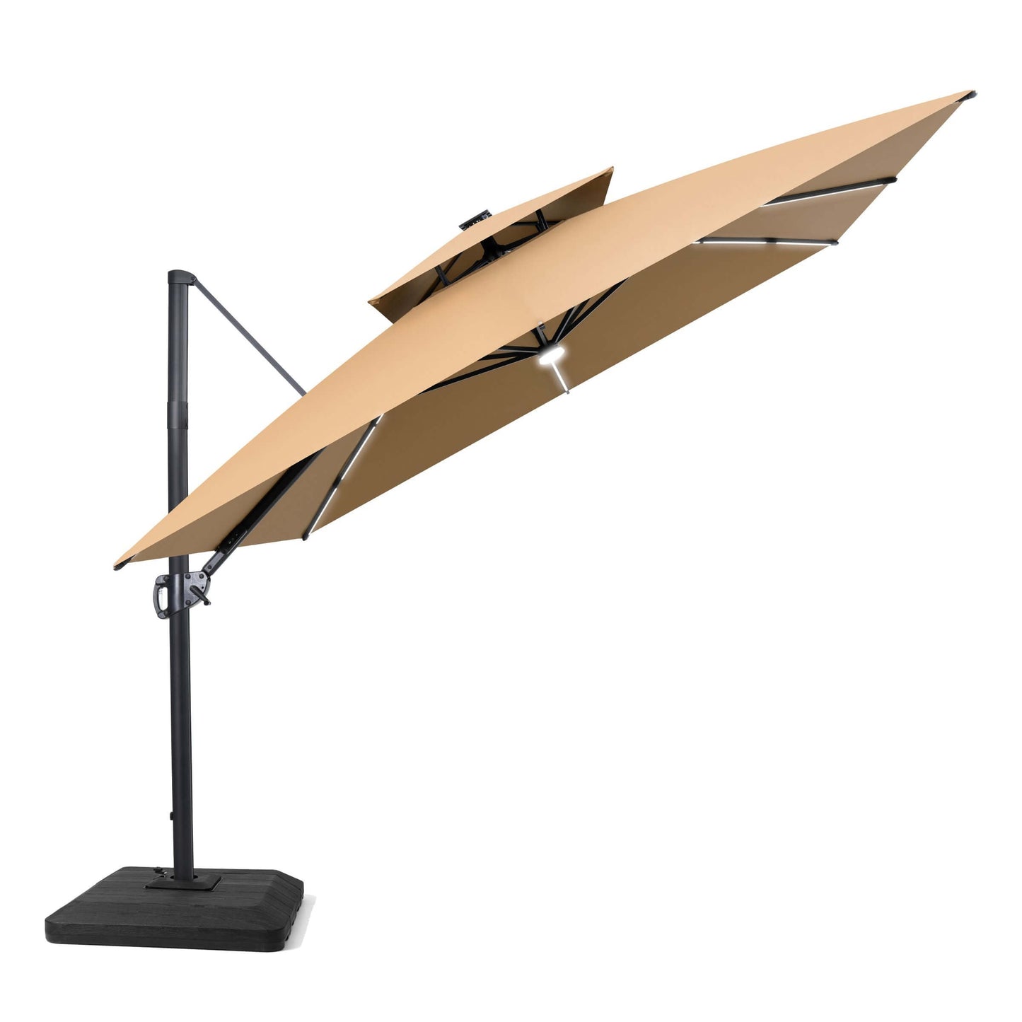 Open tan cantilever patio umbrella on a weighted base.